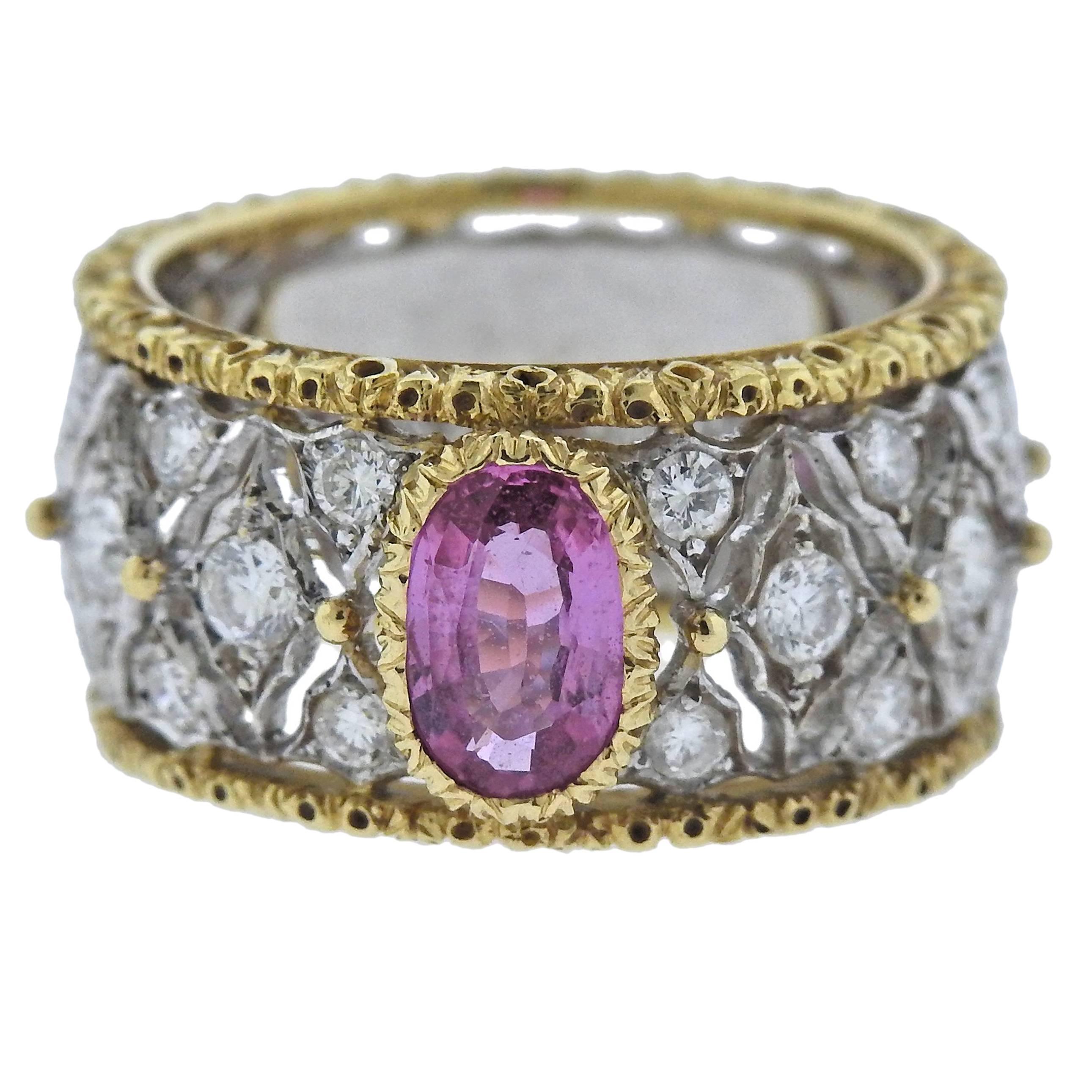 Buccellati Pink Sapphire Diamond Gold Band Ring For Sale