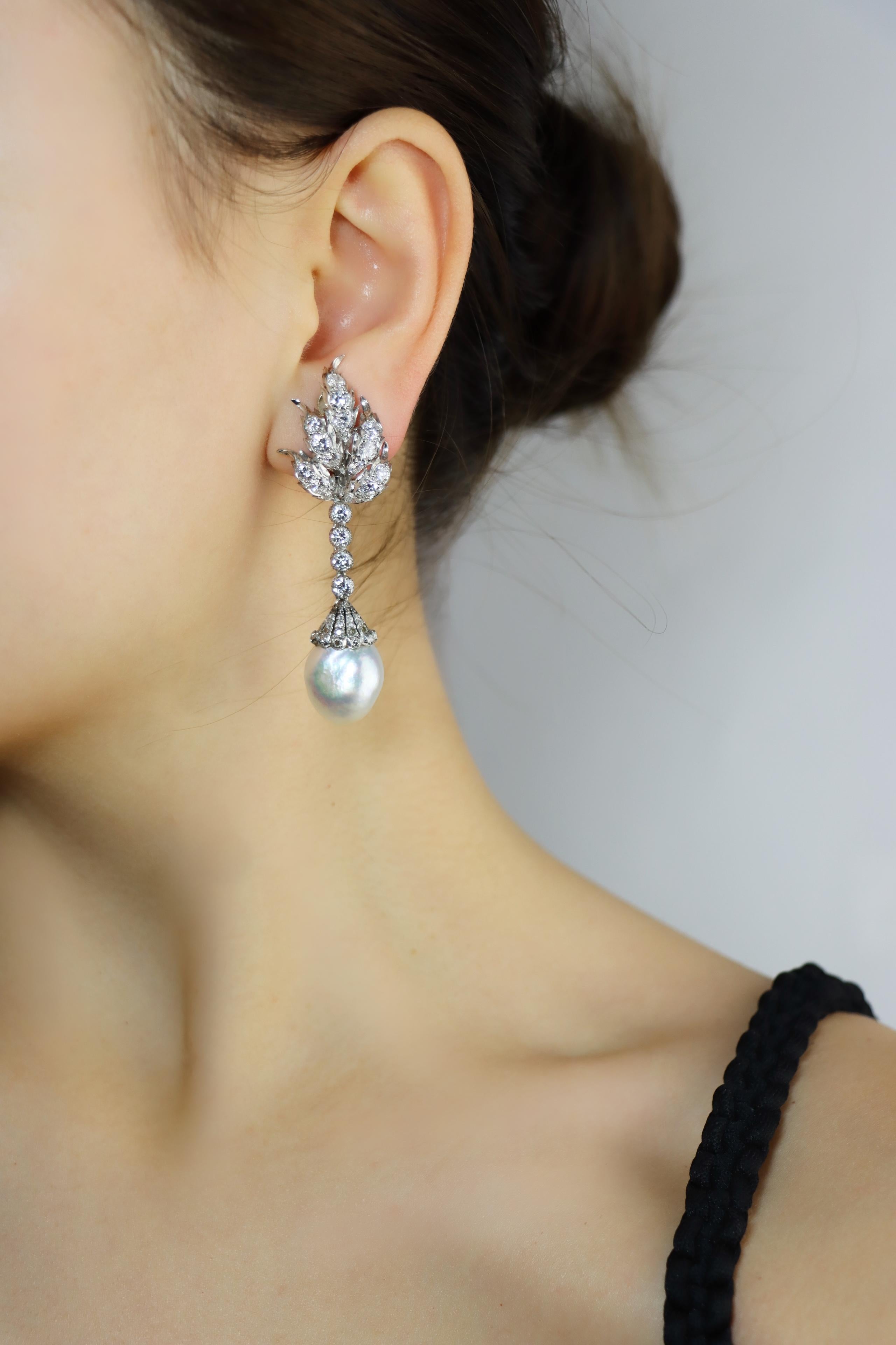 Mixed Cut Buccellati Platinum Diamond Pearl Earrings For Sale