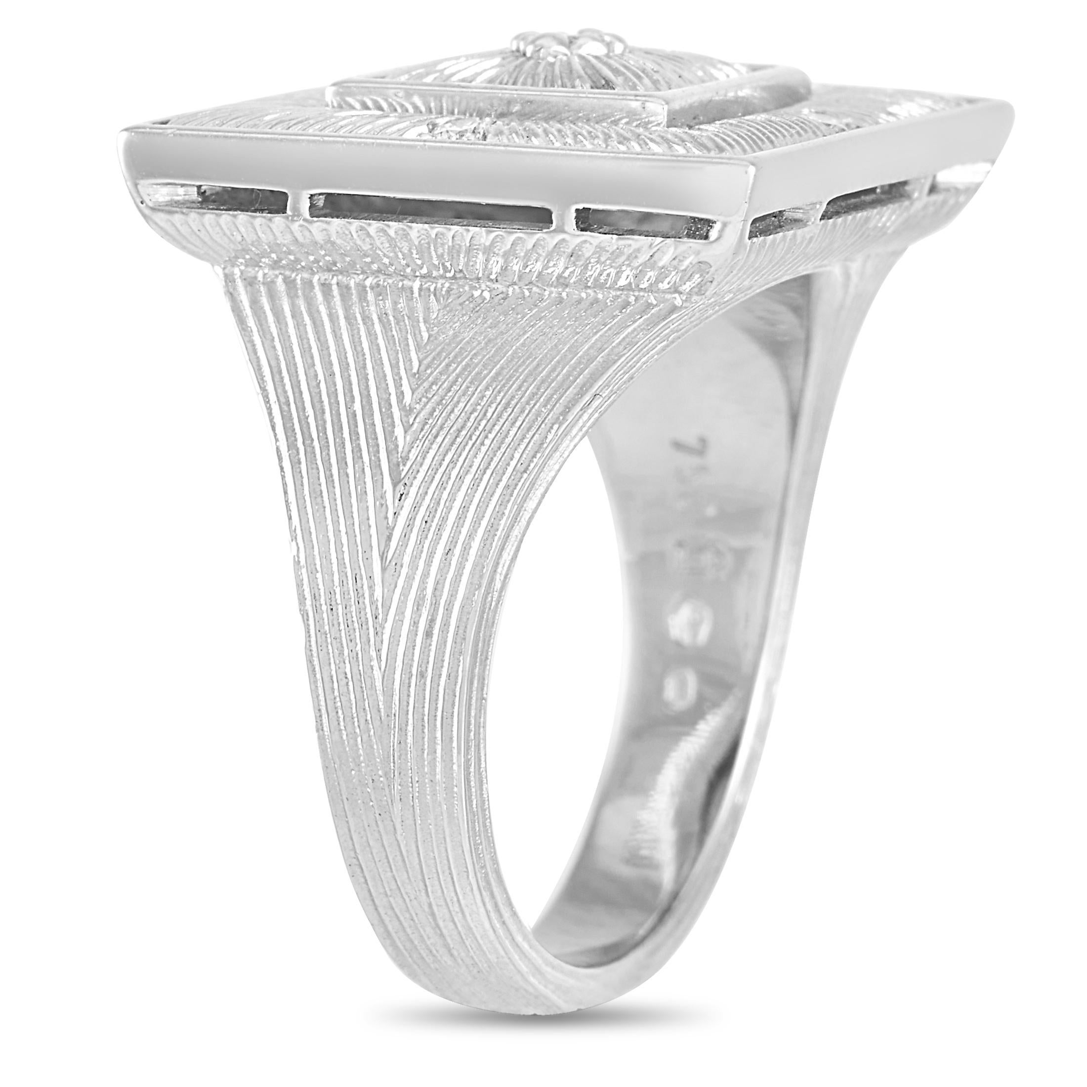 A striking square design makes this exquisite style from Buccellati a piece that is both confident and captivating. With an appearance that references Art Deco design, the top is covered with textured 18K White Gold that is accented by diamonds