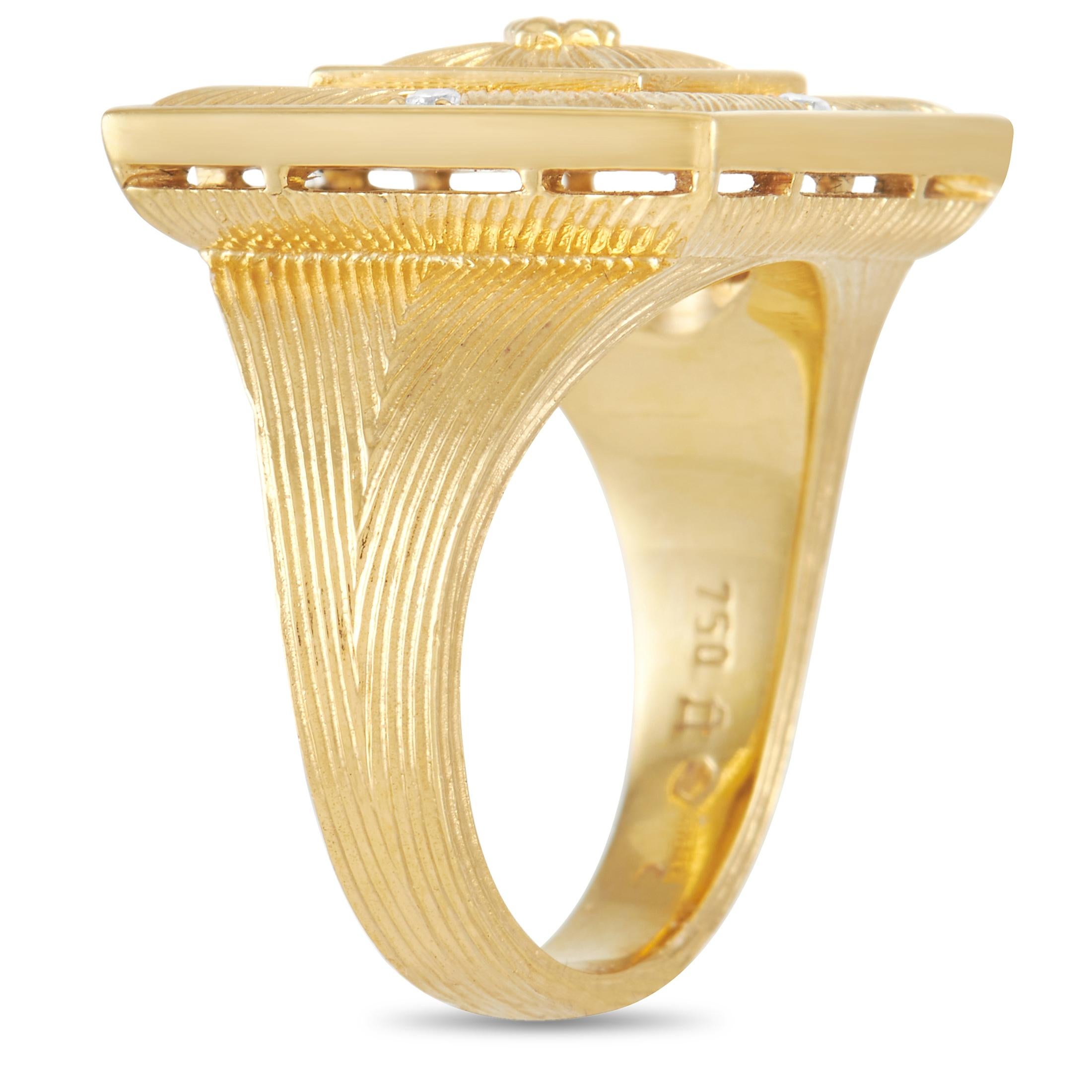 This luxury ring from Buccellati is an opulent piece that will instantly elevate any ensemble. Crafted from lustrous 18K Yellow Gold, exquisite metalwork on the stylish square top sets this design apart from all others. It’s also accented by