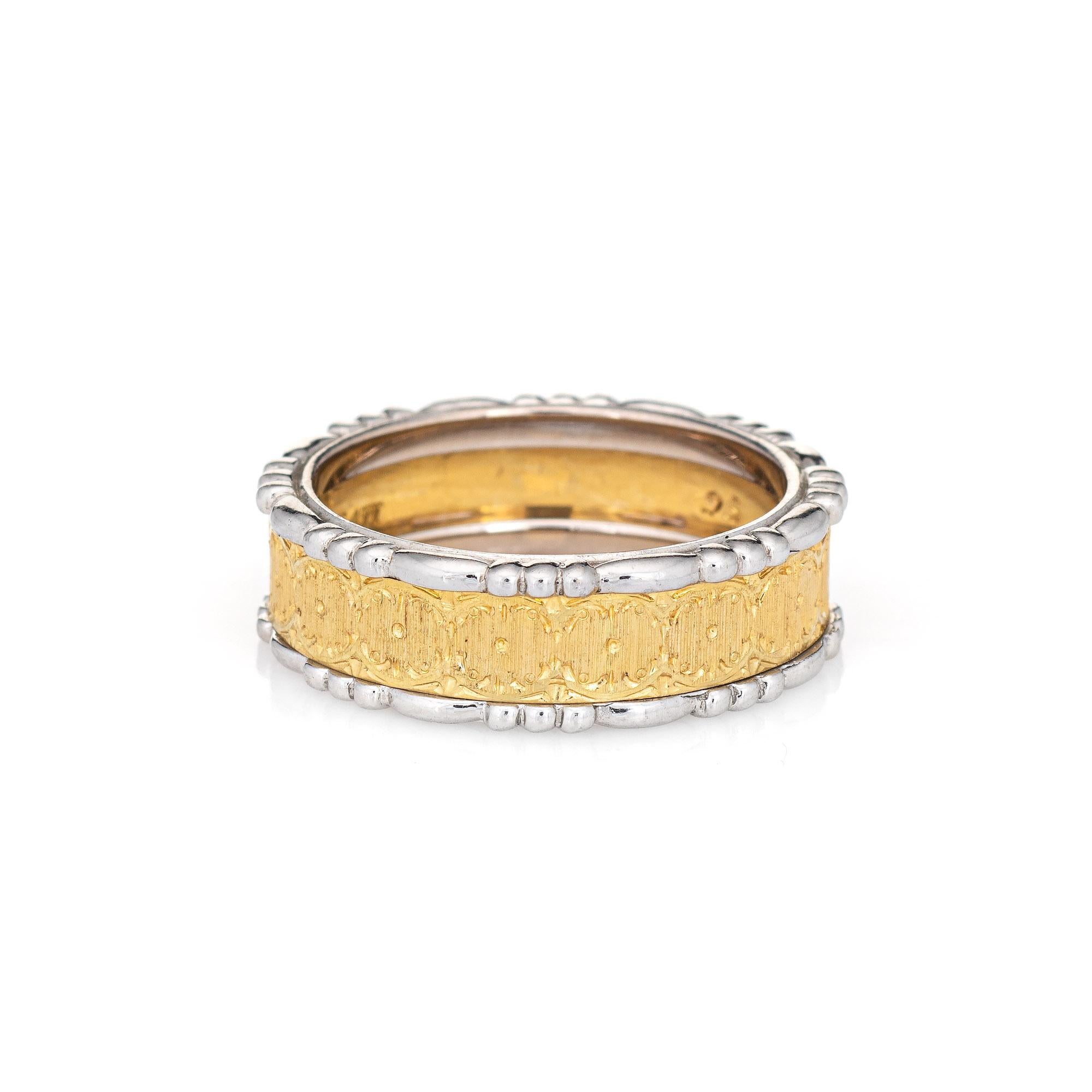 Estate Buccellati Prestigio textured band crafted in 18k yellow & white gold.  

The band features hand engraved textured gold detail to the yellow gold portion of the band, a distinct hallmark of Buccellati jewelry, with scalloped white gold detail