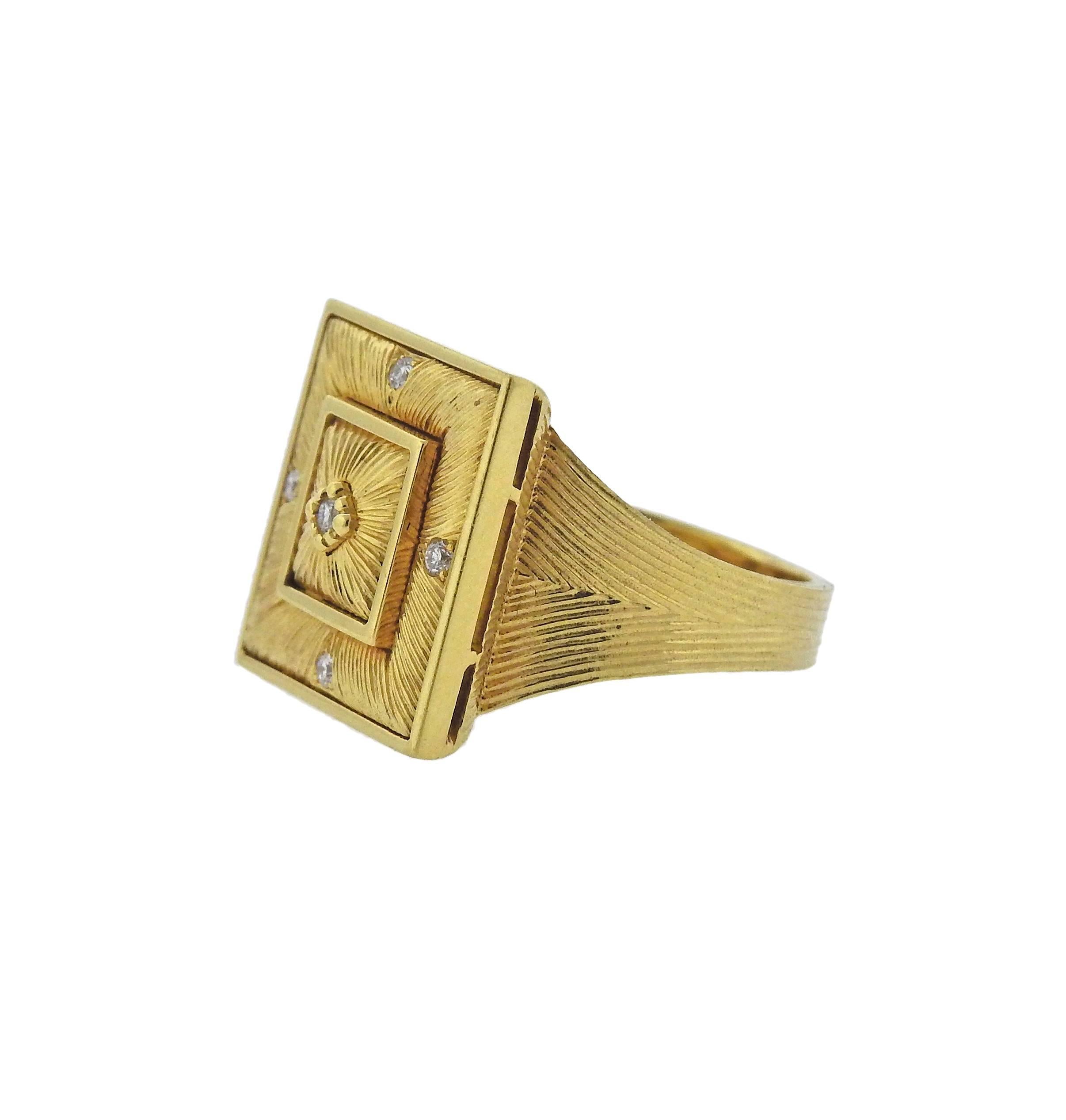 18k yellow gold square top ring, crafted by Buccellati, set with 0.05ctw in G/VS diamonds. Ring size - 5.5, ring top - 15mm x 15mm, weighs 12.8 grams. Marked: 750, A 71, Gianmaria Buccellati .