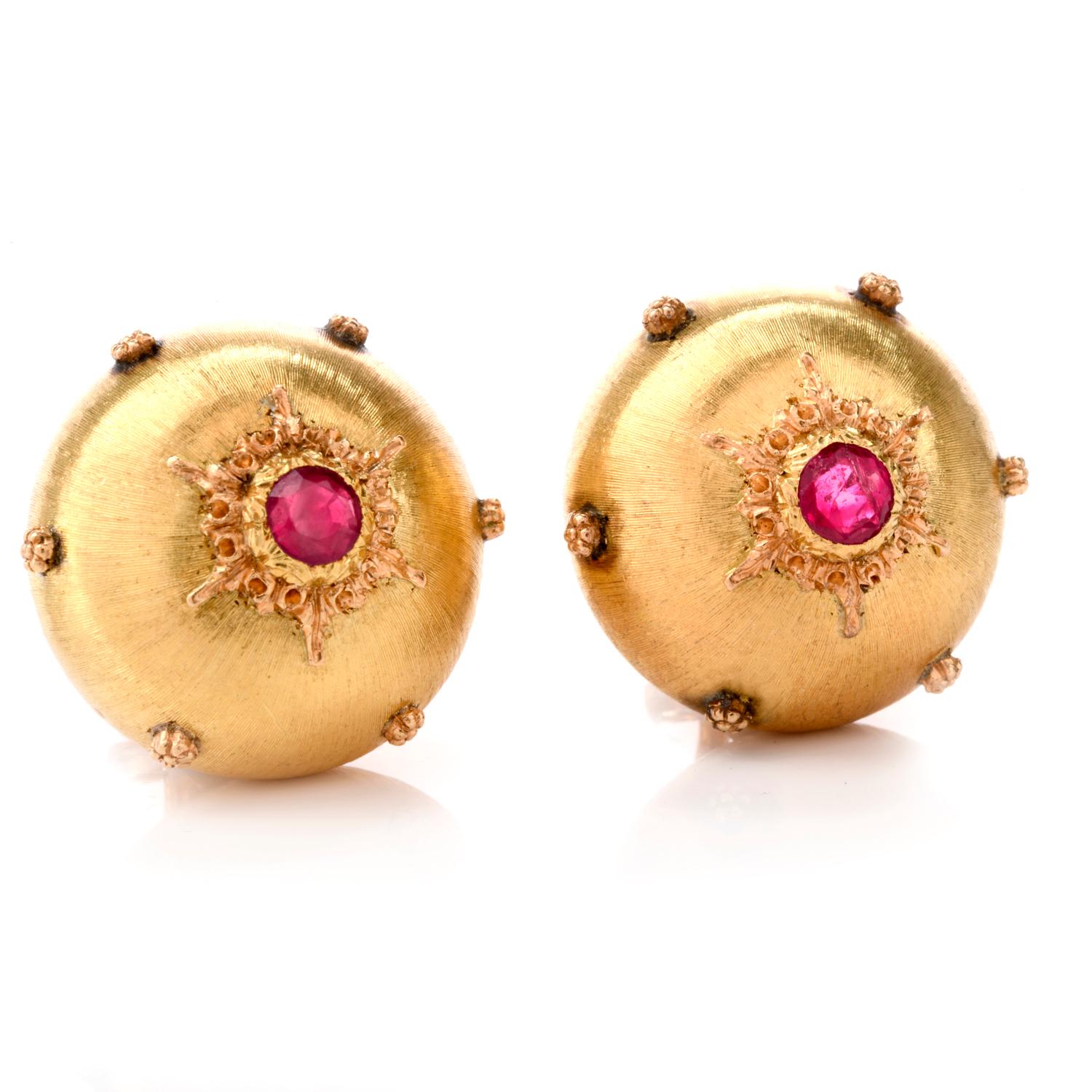 Stunning and Elegant! These 'Rigato' Buccellati Ruby button shape earrings were crafted in Luxurious 18K Gold. Measuring approx. 19.37 x 19.37 x 11.09mm High, these will be the highlight of any evening.

Prominently centered are 1 brilliant cut Ruby