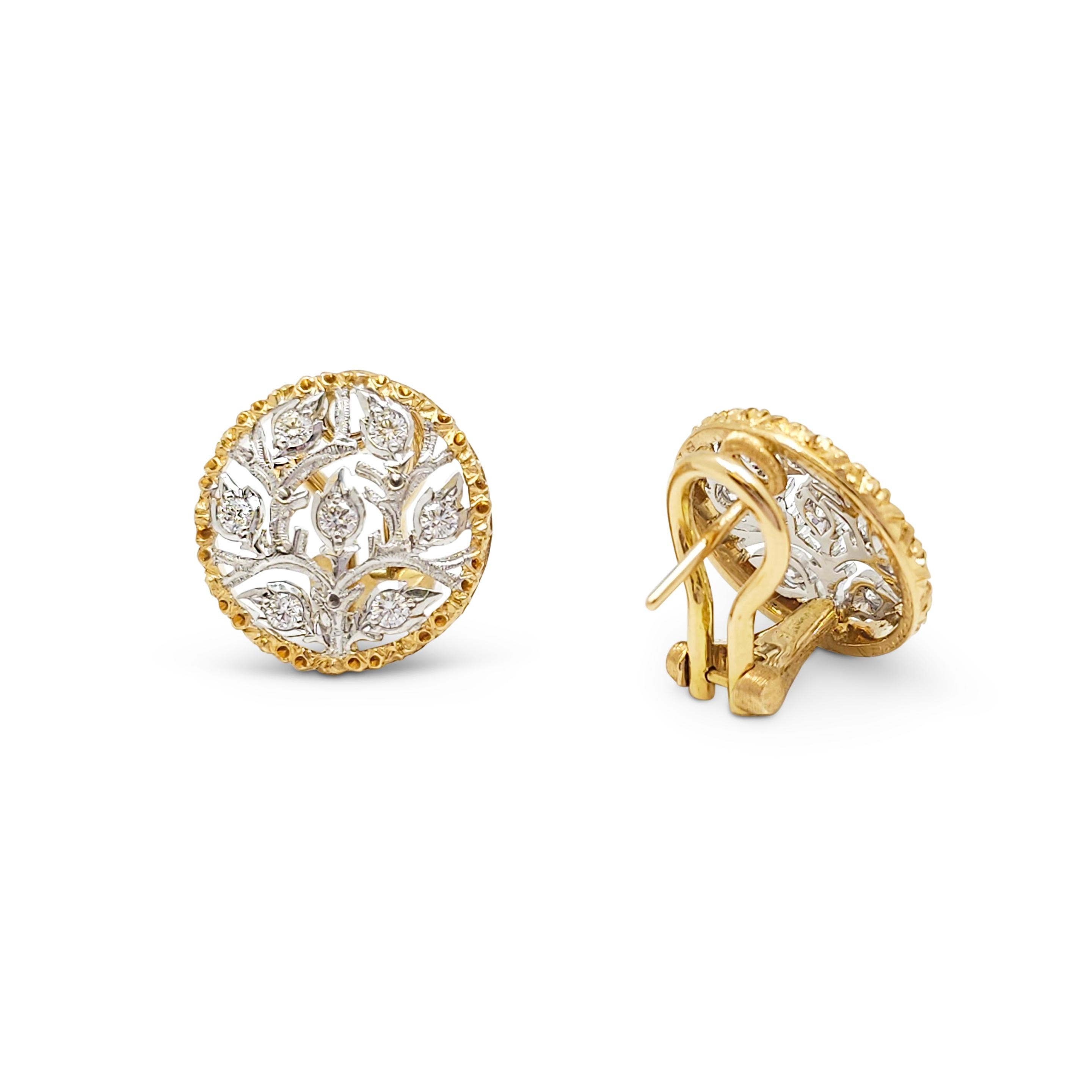 Authentic Buccellati Ramage earrings crafted in 18 karat textured yellow and white gold. The foliate design is set with approximately .40 total carats of round brilliant cut diamonds. The earrings measure .64 inches in diameter. Signed Buccellati,