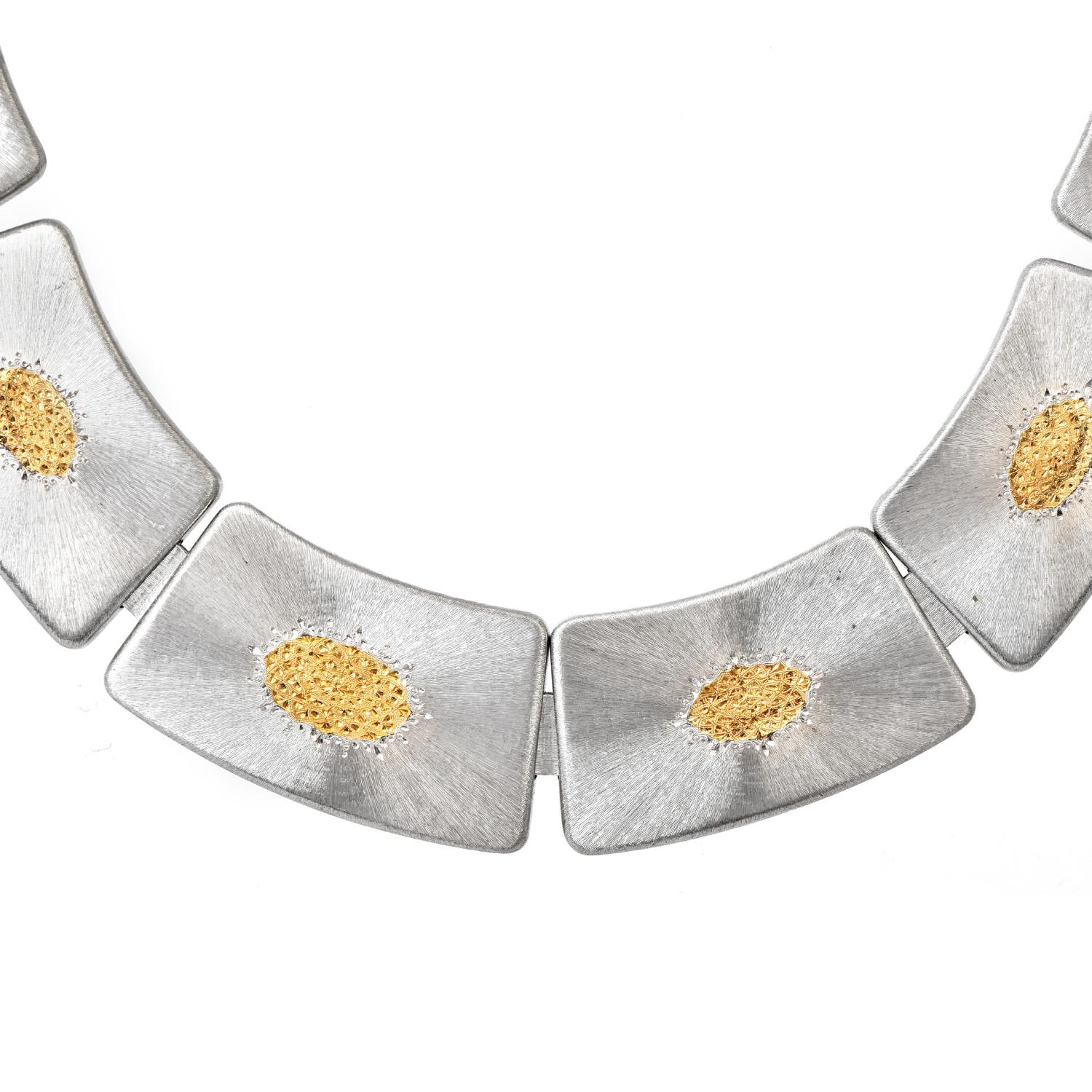 This graceful Buccellati Wide flat link necklace is crafted in a combination of silver and 18-karat yellow gold, weighing 88.3 grams.

composed of 14 silver rectangle links embellished by a solid 18k yellow gold, hand engraving in 