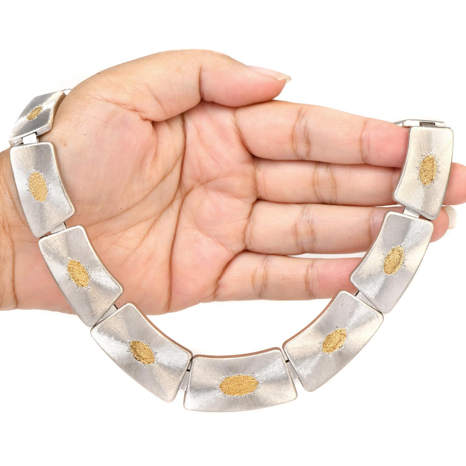 Retro Buccellati Rigato 18k Gold Silver Flat Wide Link Chocker Necklace For Sale