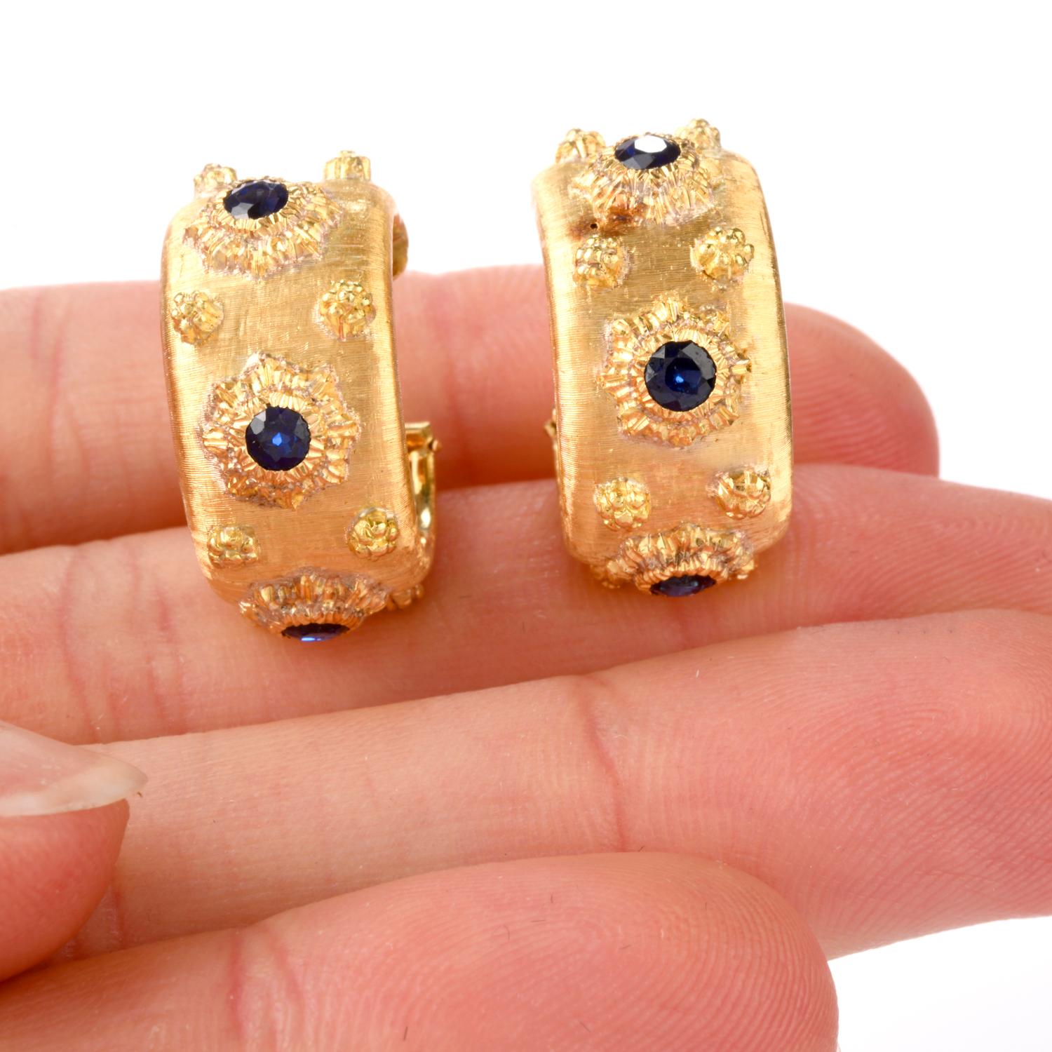 Women's Buccellati Rigato Sapphire 18 Karat Gold Omega Clip Hoop Earrings