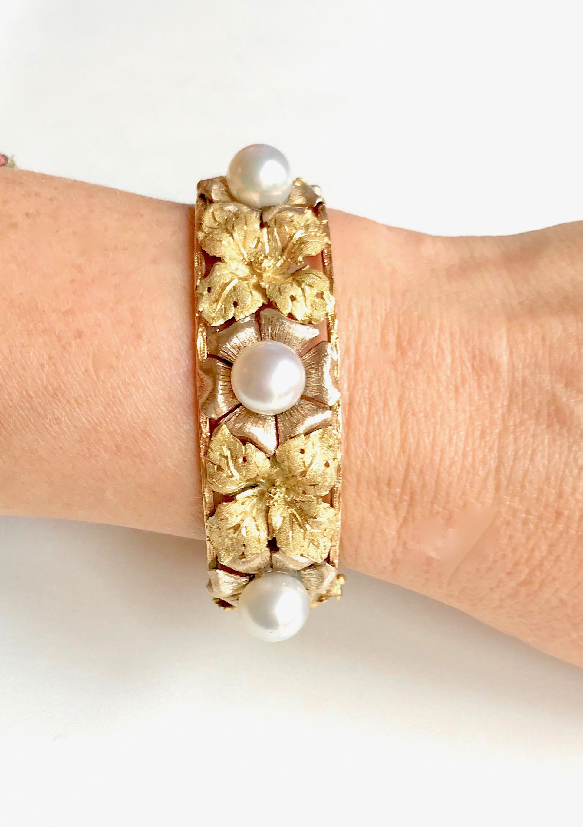 Buccellati Rigid Bracelet Yellow, White and Pink Gold Pearls For Sale 4