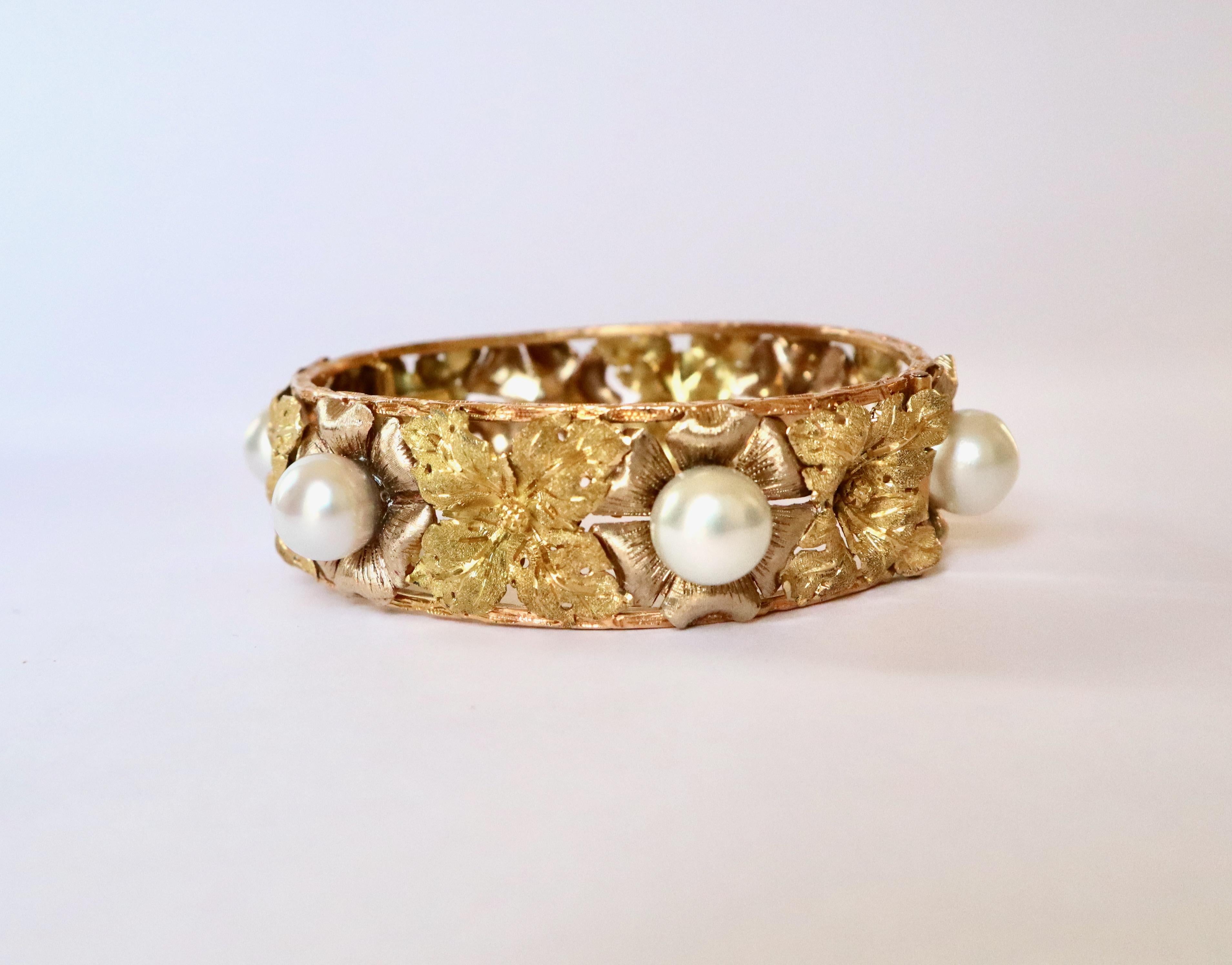 Non taillé Bracelet rigide Buccellati Perles or jaune, blanc et rose en vente