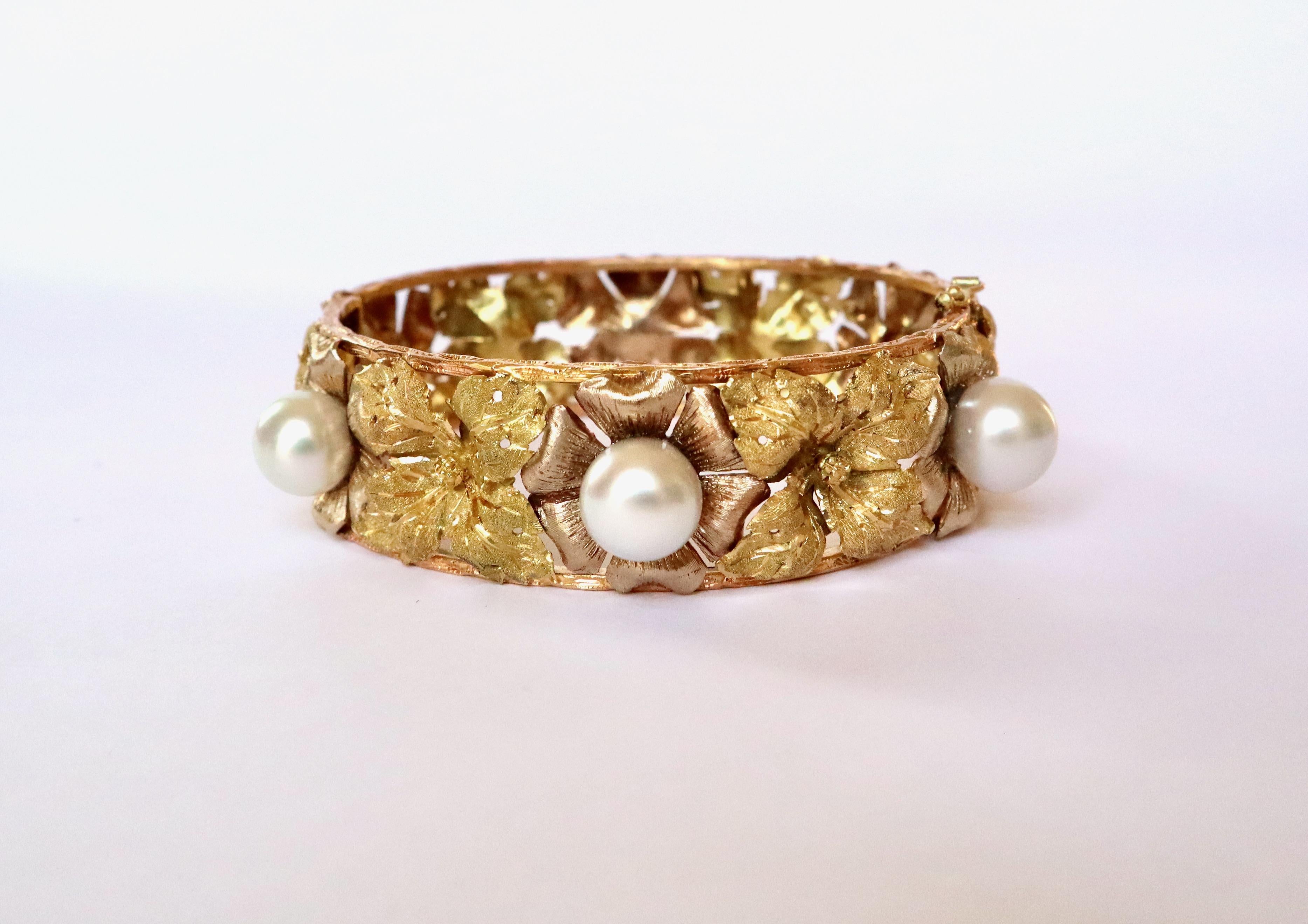 Uncut Buccellati Rigid Bracelet Yellow, White and Pink Gold Pearls For Sale