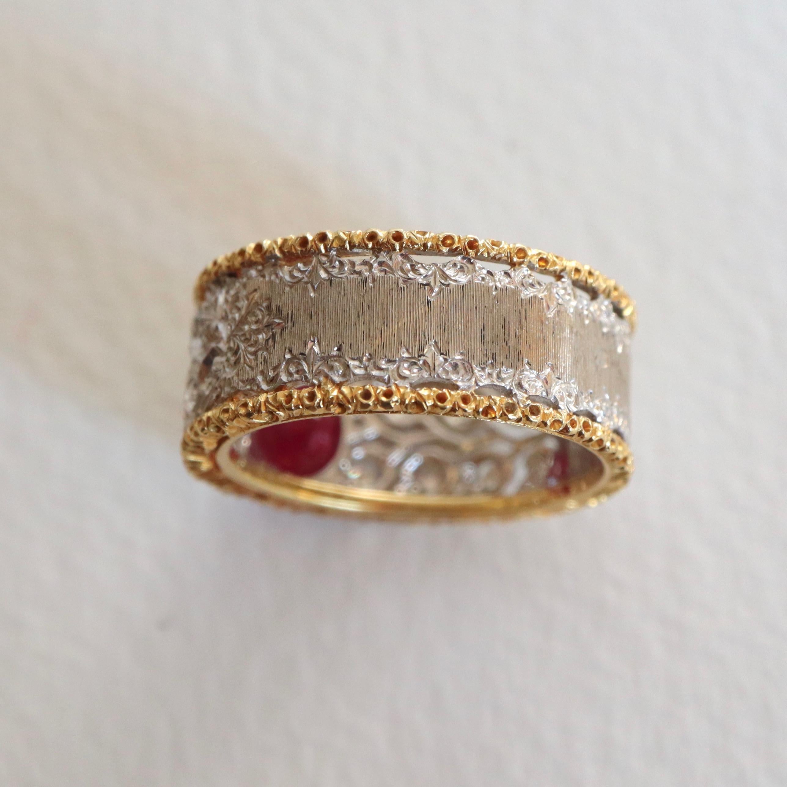 Buccellati Ring in 18 Carat Yellow Gold, White Gold, 1.20 carat Ruby, Diamonds 1