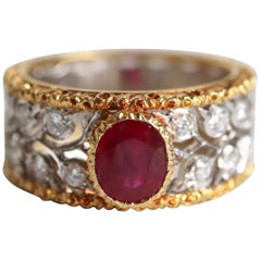 Buccellati Ring in 18 Carat Yellow Gold, White Gold, 1.20 carat Ruby, Diamonds