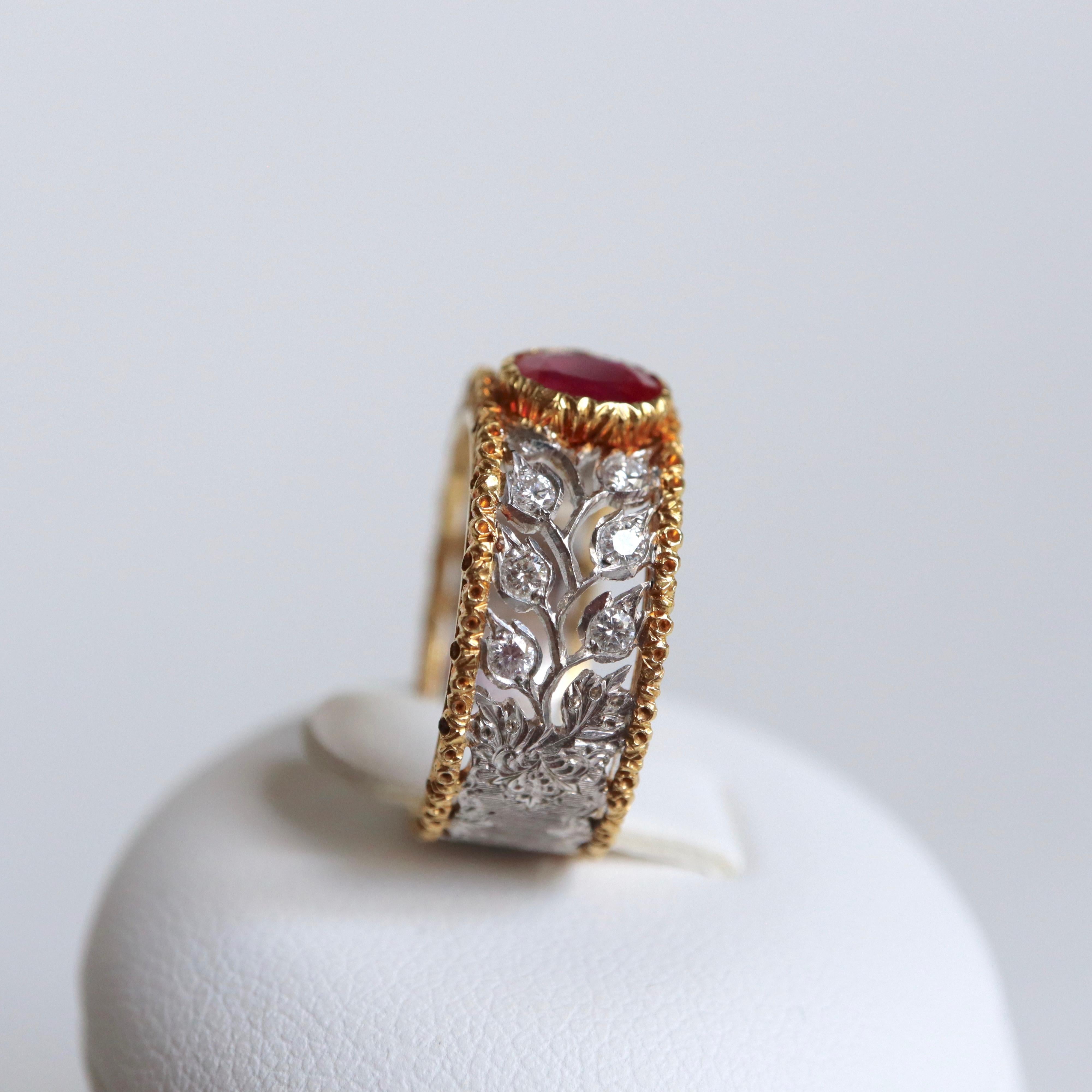 Buccellati Ring in 18 Carat Yellow Gold, White Gold, 1.20 carat Ruby, Diamonds 2
