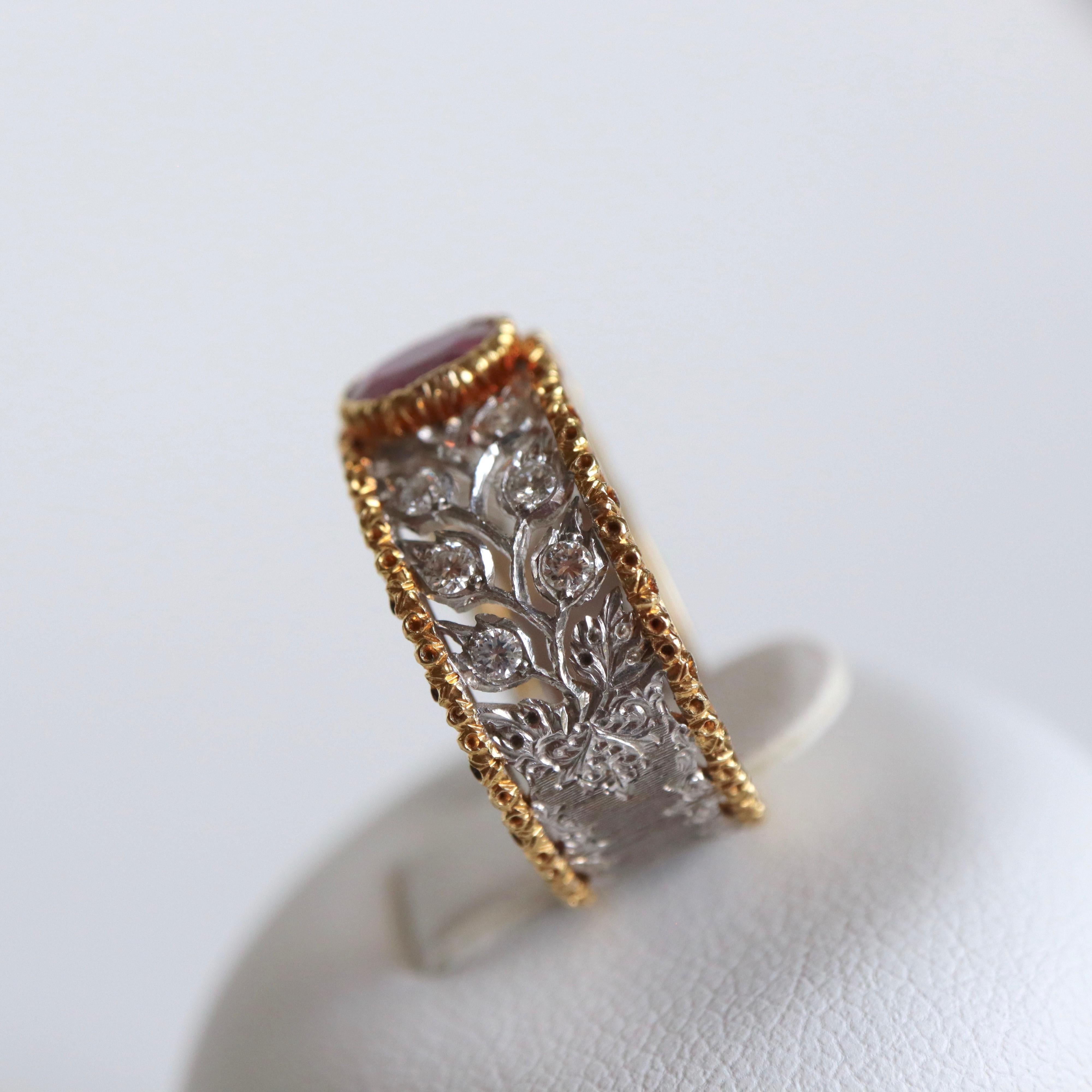 Buccellati Ring in 18 Carat Yellow Gold, White Gold, 1.20 carat Ruby, Diamonds 3