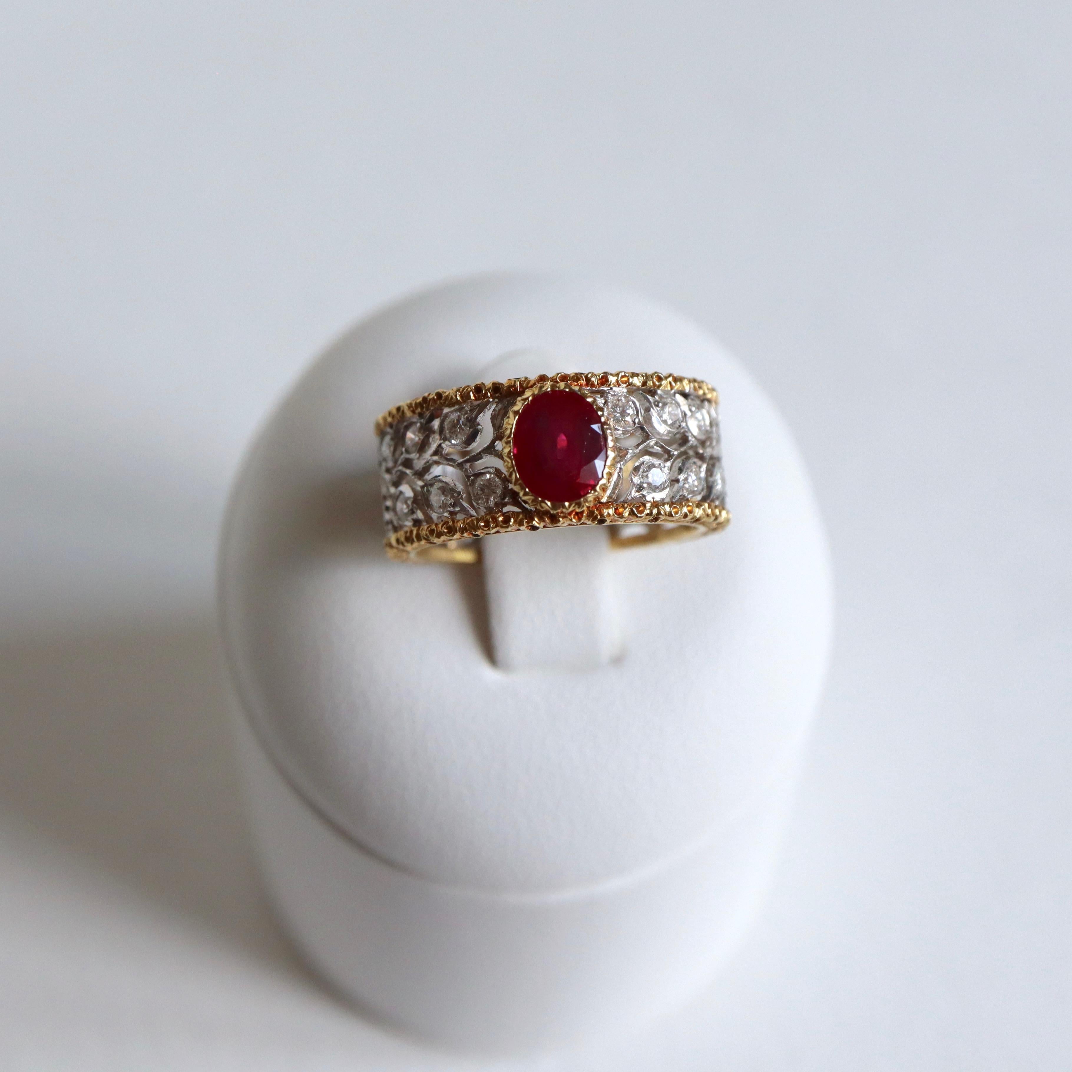 Buccellati Ring in 18 Carat Yellow Gold, White Gold, 1.20 carat Ruby, Diamonds 4
