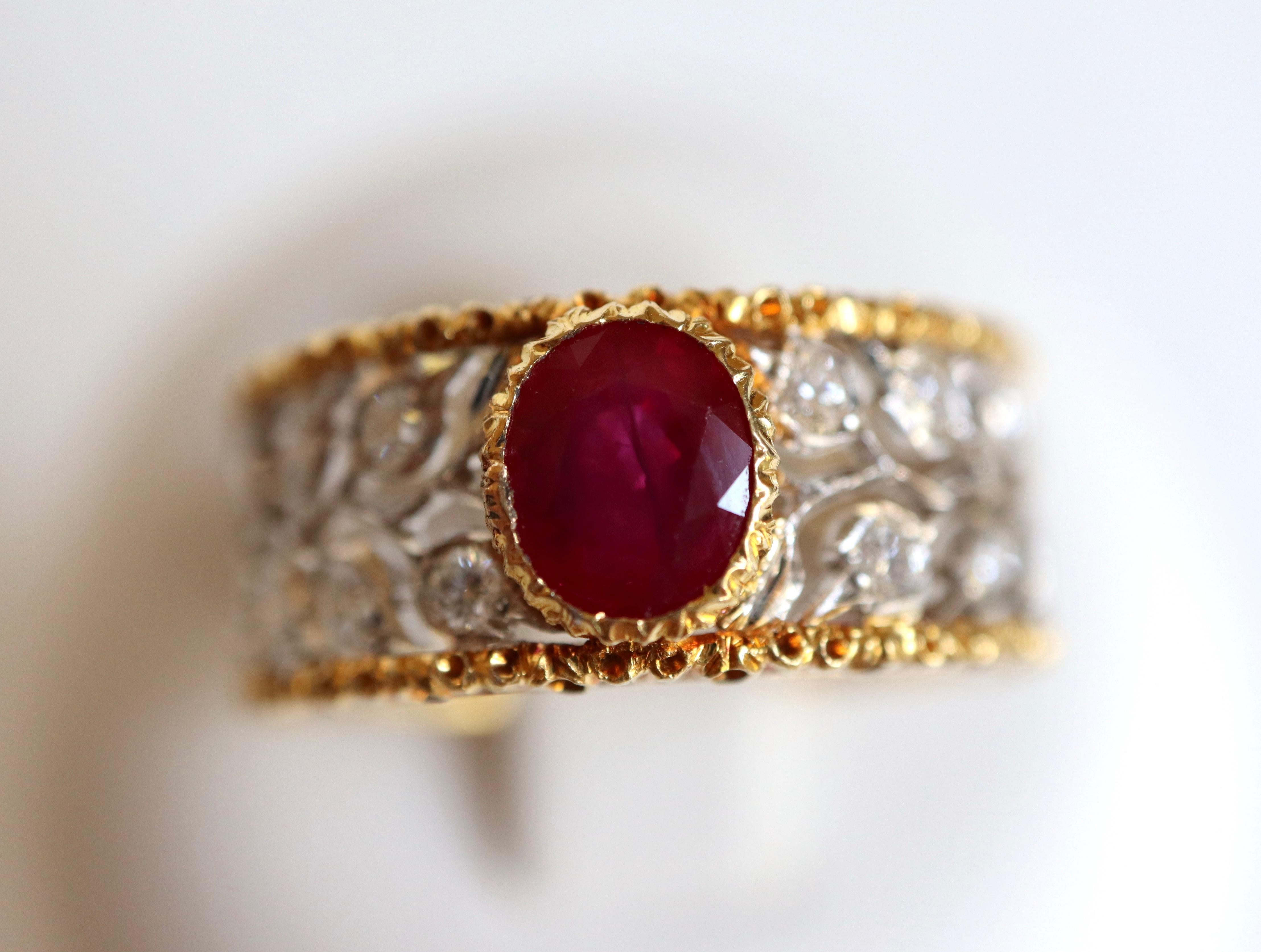 Buccellati Ring in 18 Carat Yellow Gold, White Gold, 1.20 carat Ruby, Diamonds 5