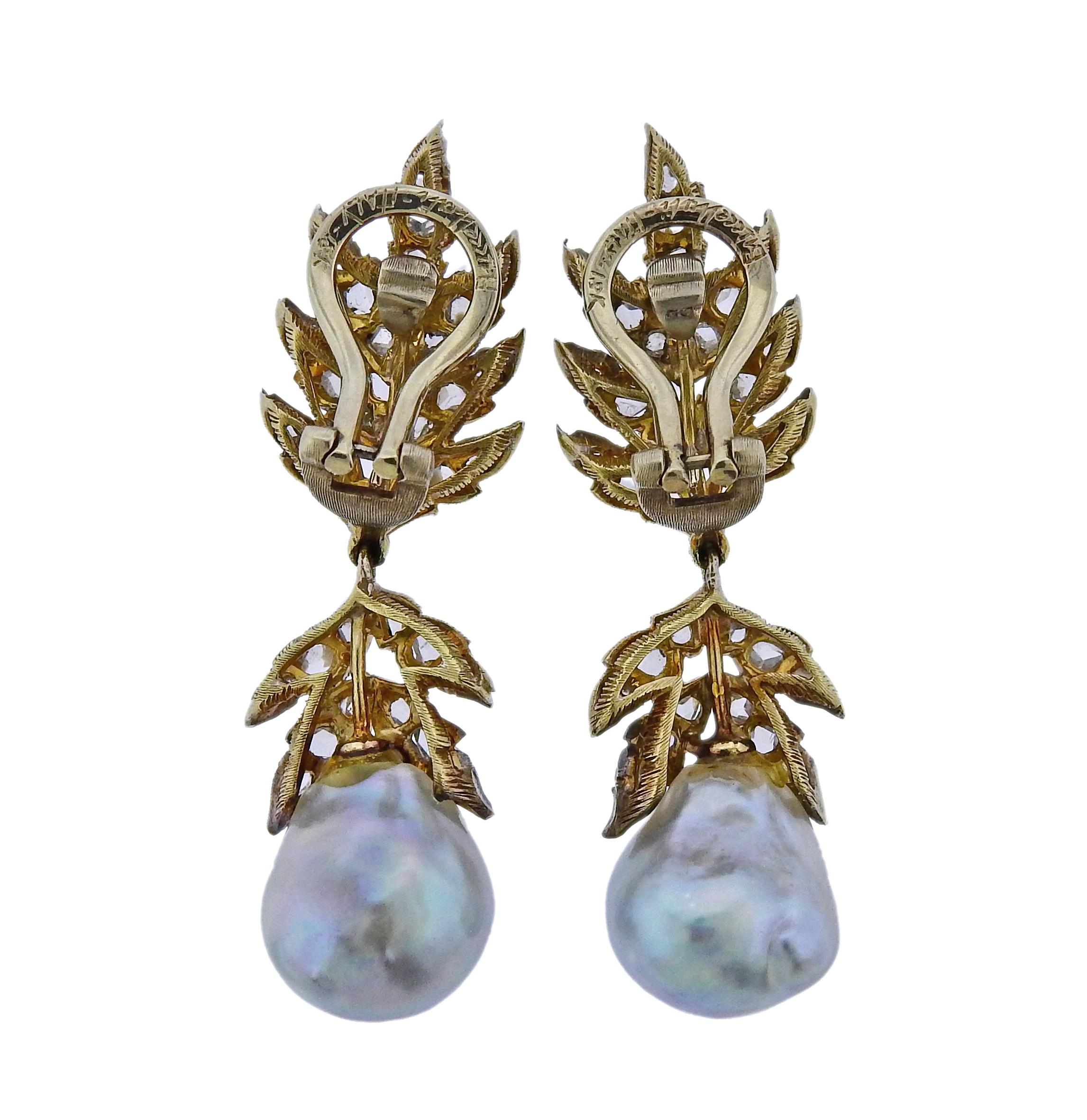 Rough Cut Buccellati Rose Cut Diamond Pearl Gold Silver Earrings