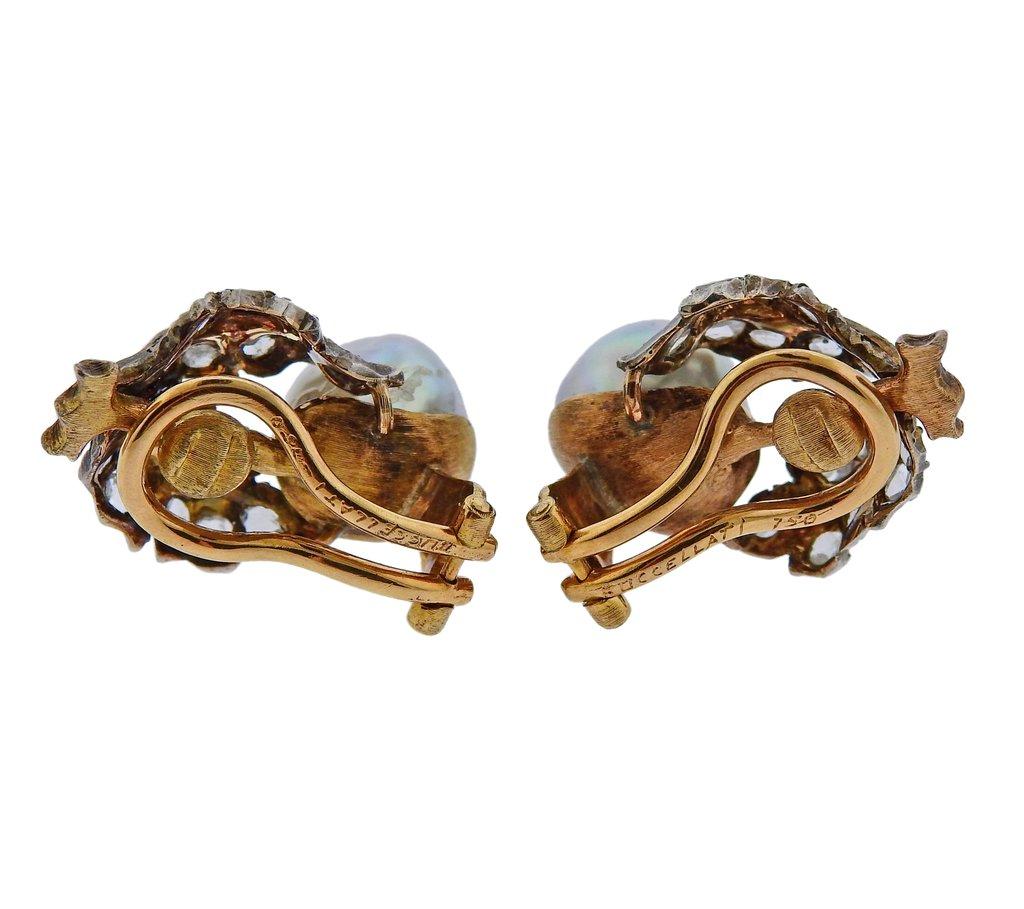 Women's or Men's Buccellati Rose Cut Diamond Pearl Gold Silver Earrings
