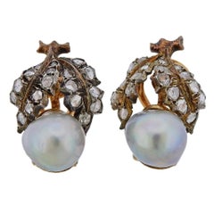 Buccellati Rose Cut Diamond Pearl Gold Silver Earrings