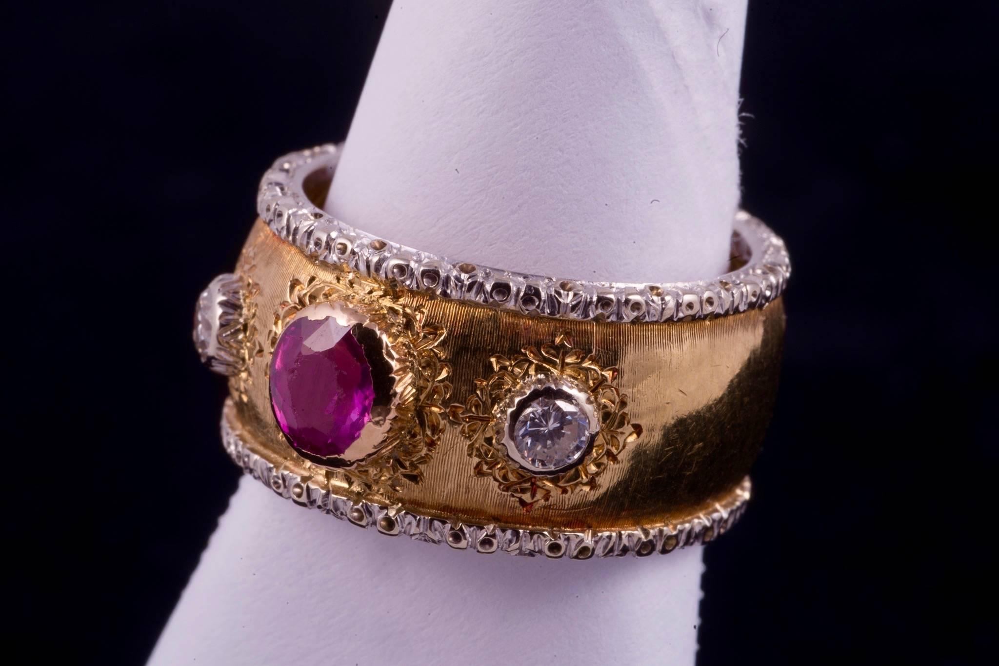 Gorgeous ruby and diamond ring in excellent condition. Signed Buccellati, the ring was handmade in Italy.
The Ruby weighs .50cts and the diamonds weigh .20cts. The ring 18k yellow and white gold and weighs 7.9grams.  Ring size 6 and measures 10.5 mm