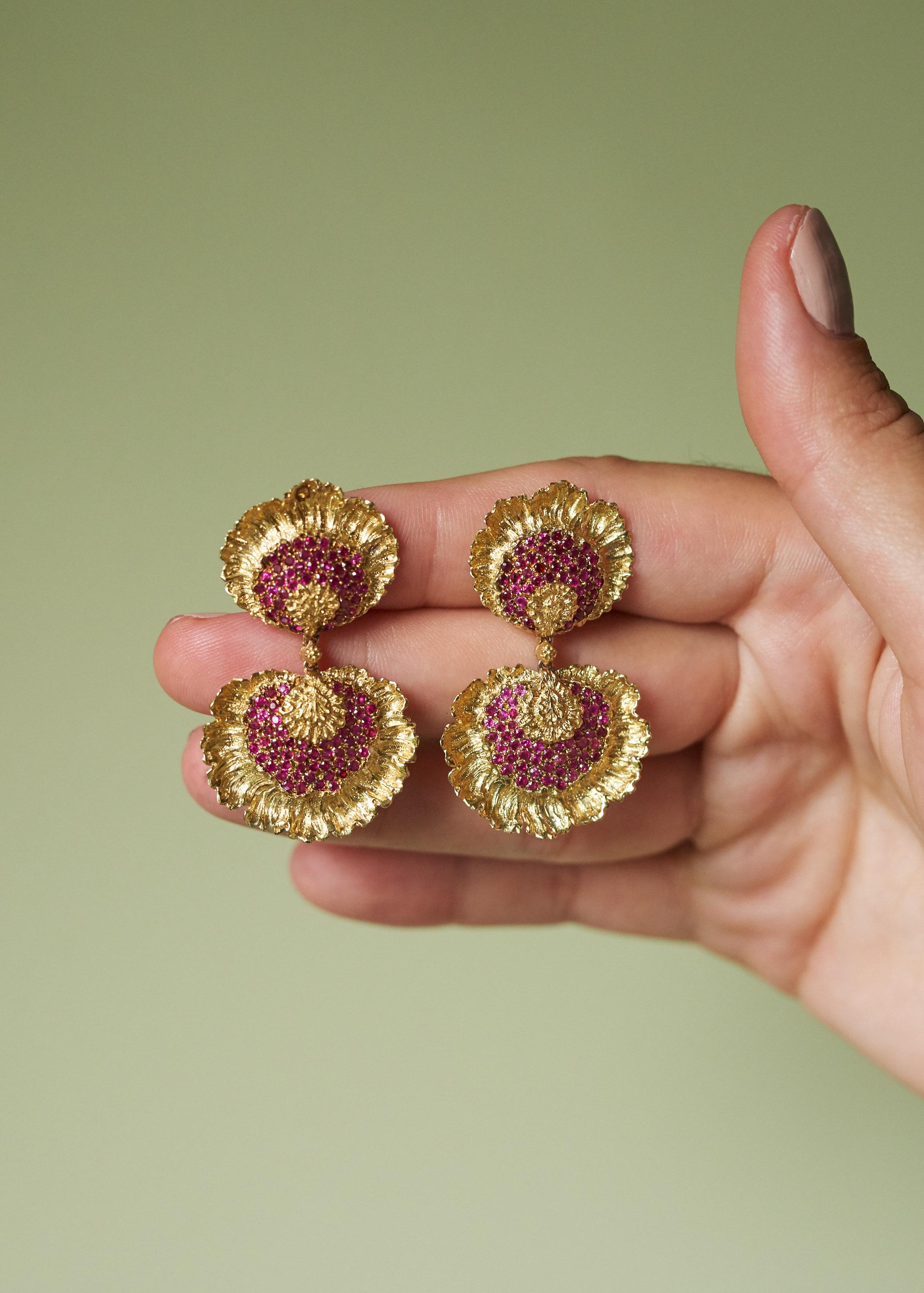 Modernist Buccellati Ruby and Gold Floral Ear Pendants