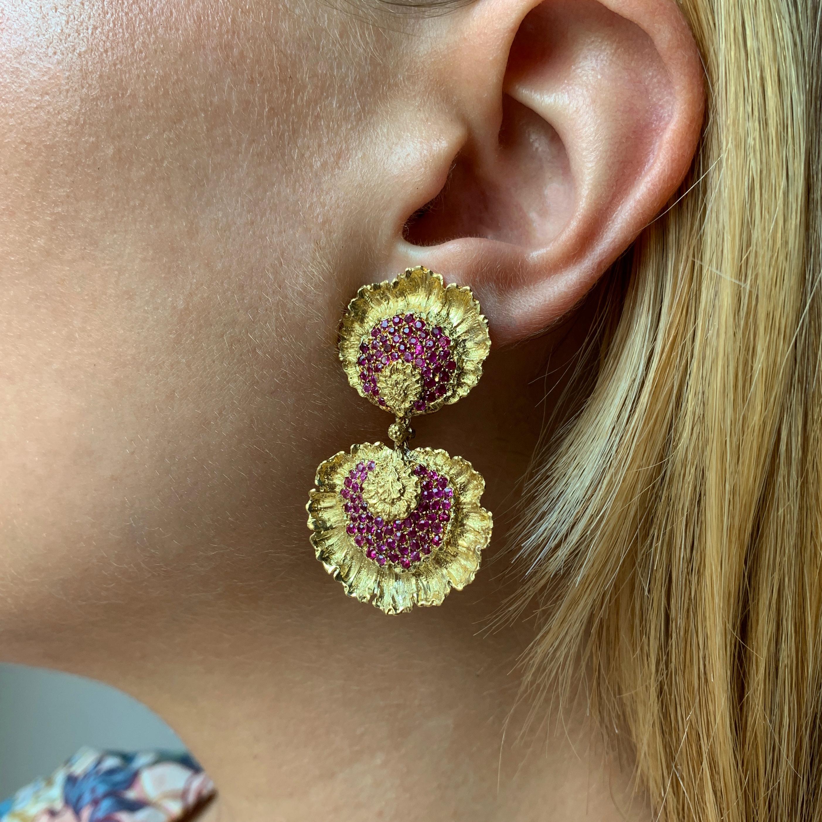 Round Cut Buccellati Ruby and Gold Floral Ear Pendants