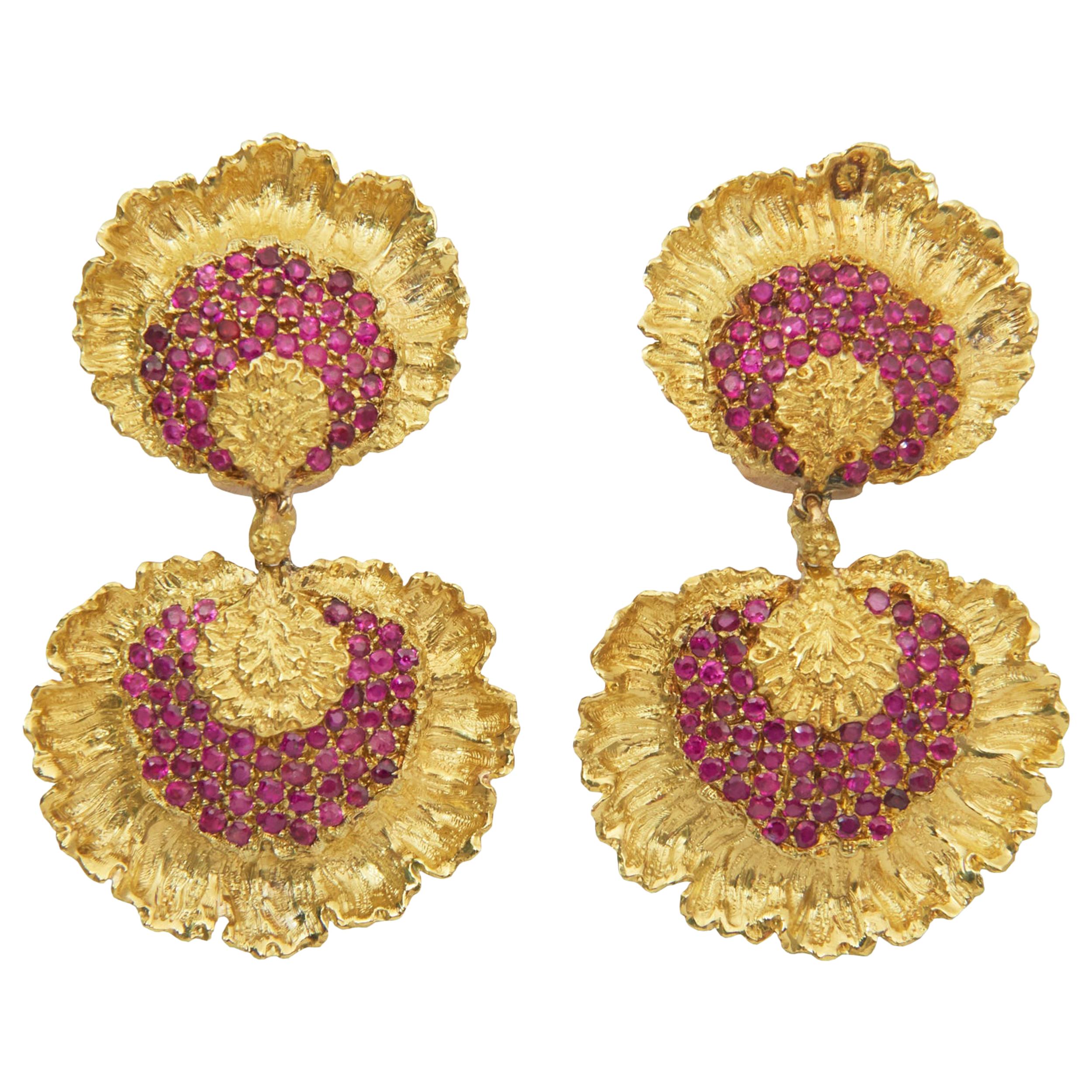 Buccellati Ruby and Gold Floral Ear Pendants