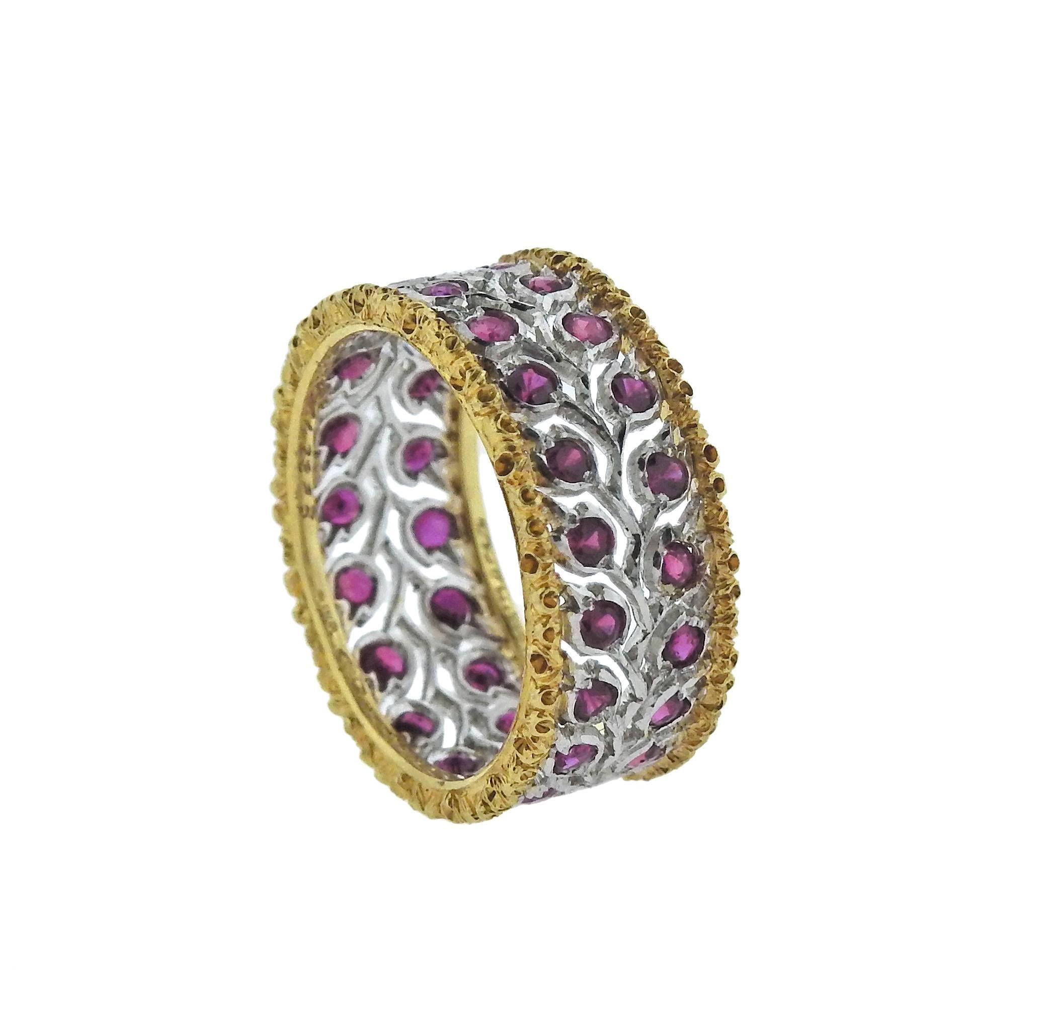  18k gold band ring, crafted by Buccellati, set with rubies. Retail $11800. Ring size - 6, ring is 8.6mm wide, weighs 4.6 grams. Marked: Italy, N2873, 750,Buccellati . 