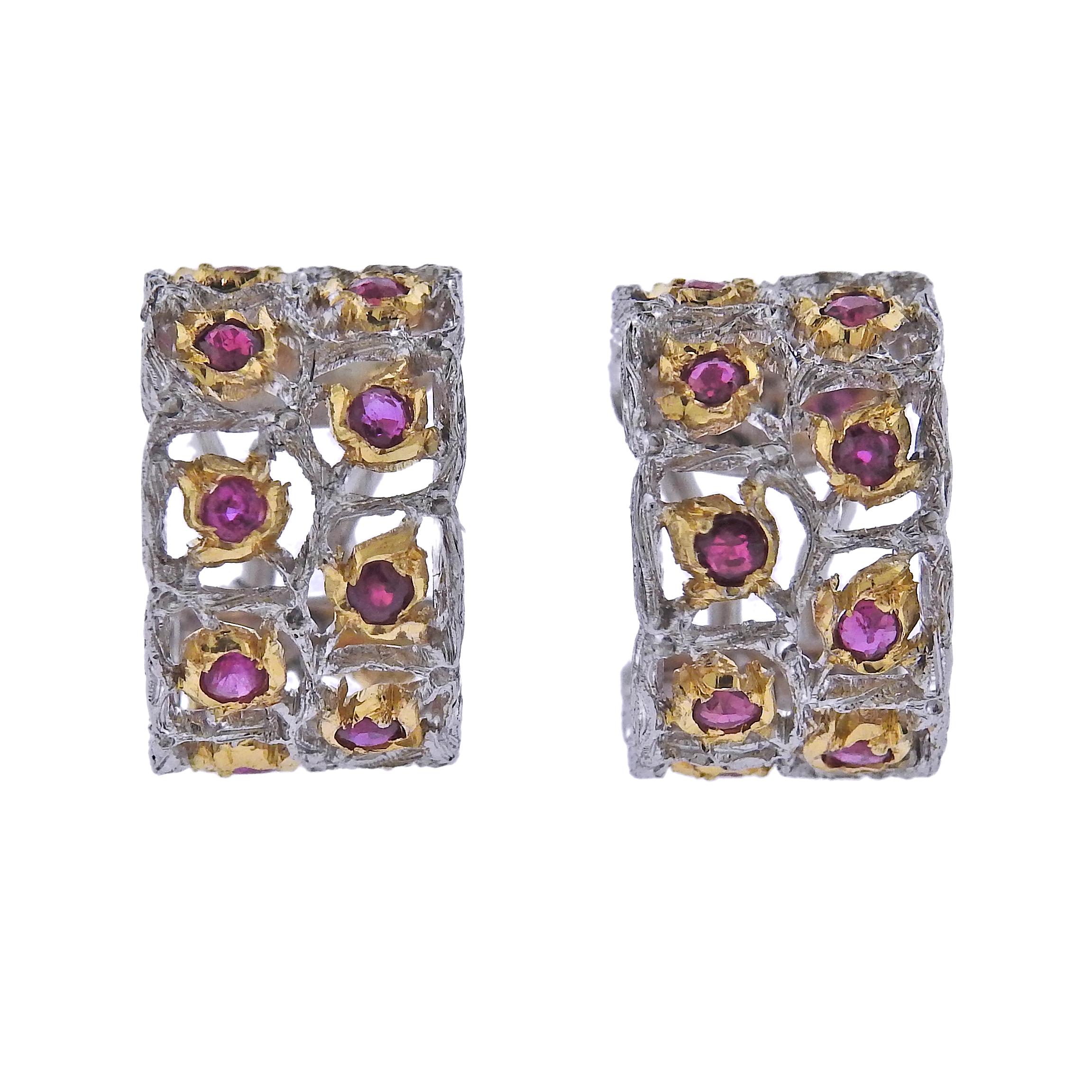 Buccellati Ruby Two Color Gold Wide Hoop Earrings For Sale