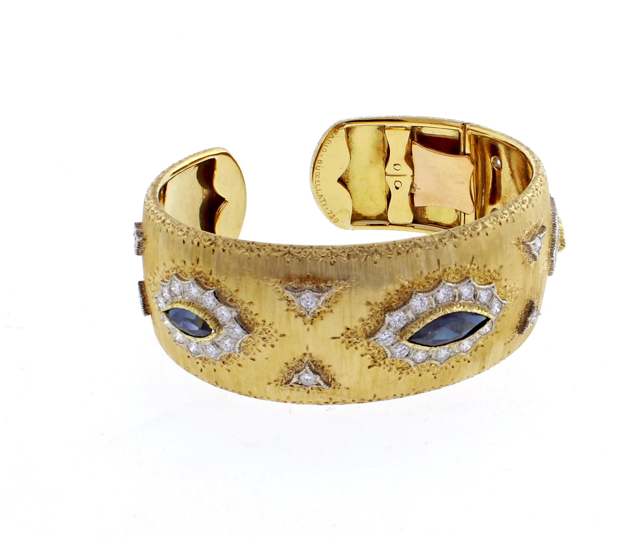 Women's or Men's Buccellati Sapphire and Diamond Gold Cuff Bracelet