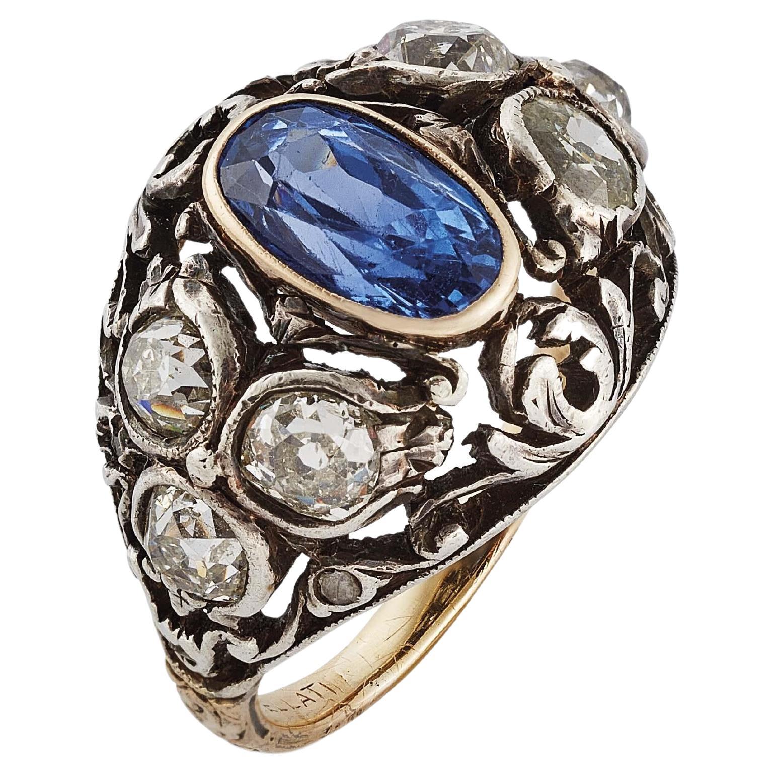 Art Nouveau Buccellati Sapphire and Diamond Ring in Gold and Silver For Sale