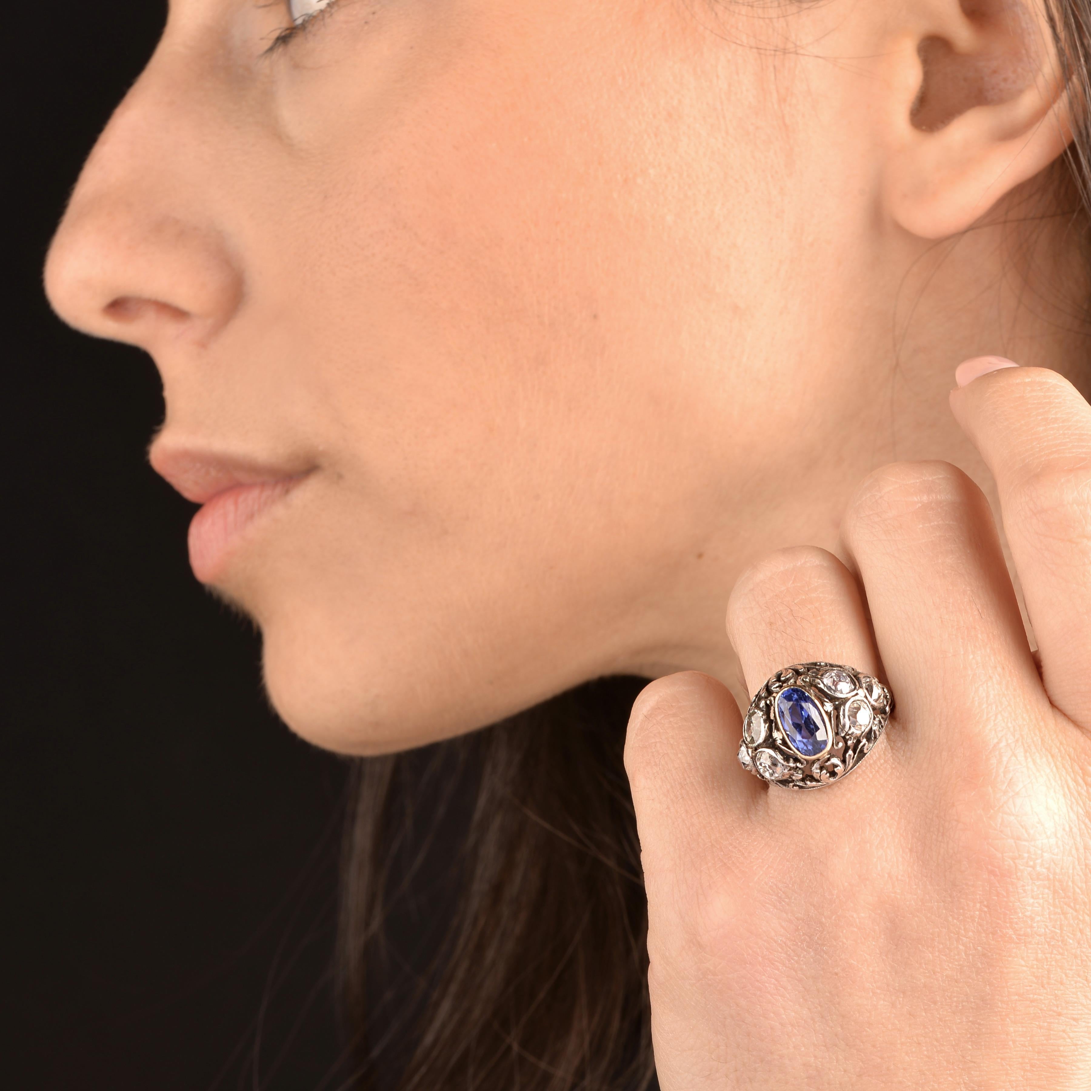 Oval Cut Buccellati Sapphire and Diamond Ring in Gold and Silver For Sale