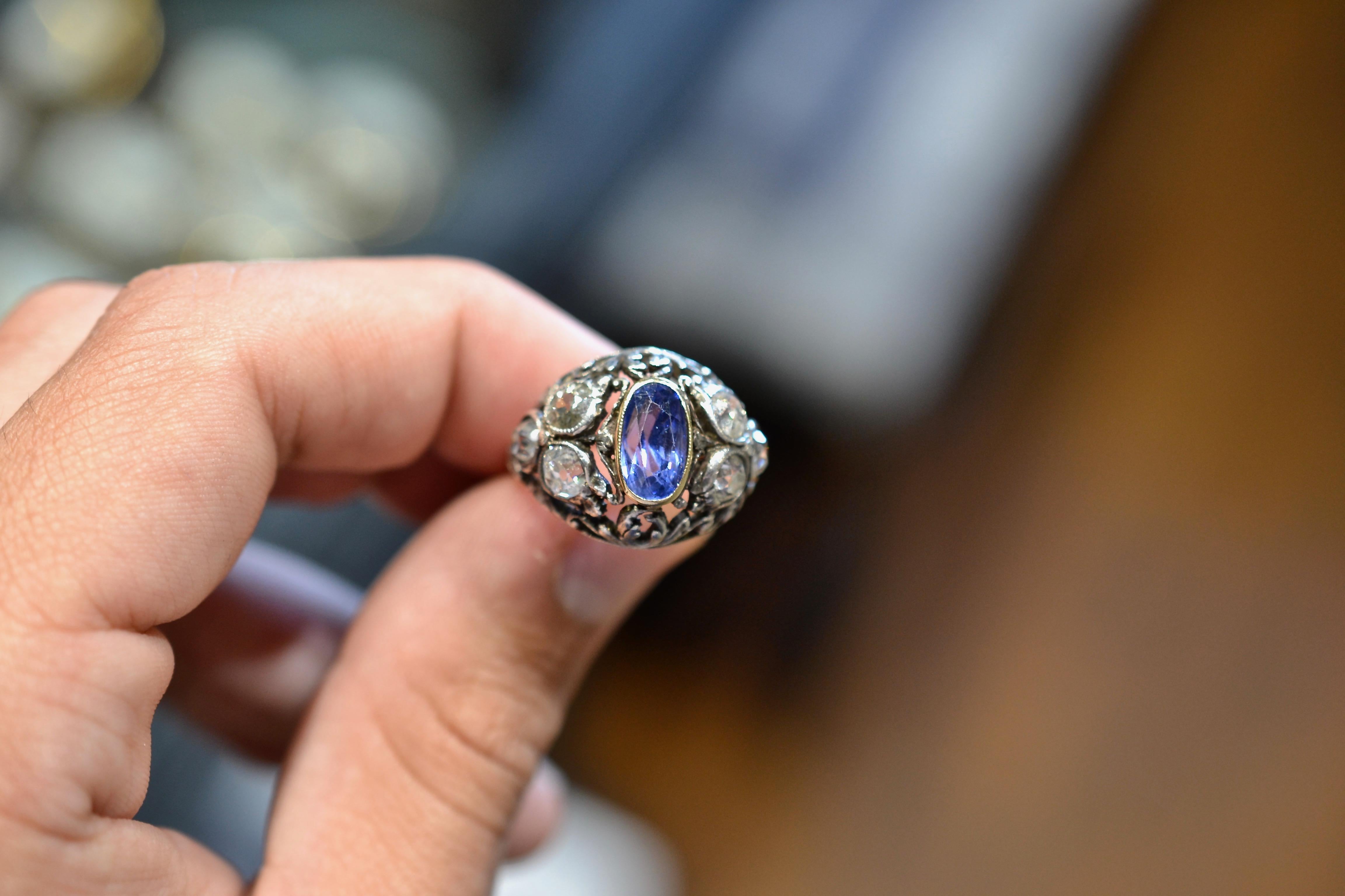 Buccellati Sapphire and Diamond Ring in Gold and Silver In Excellent Condition For Sale In Firenze, IT