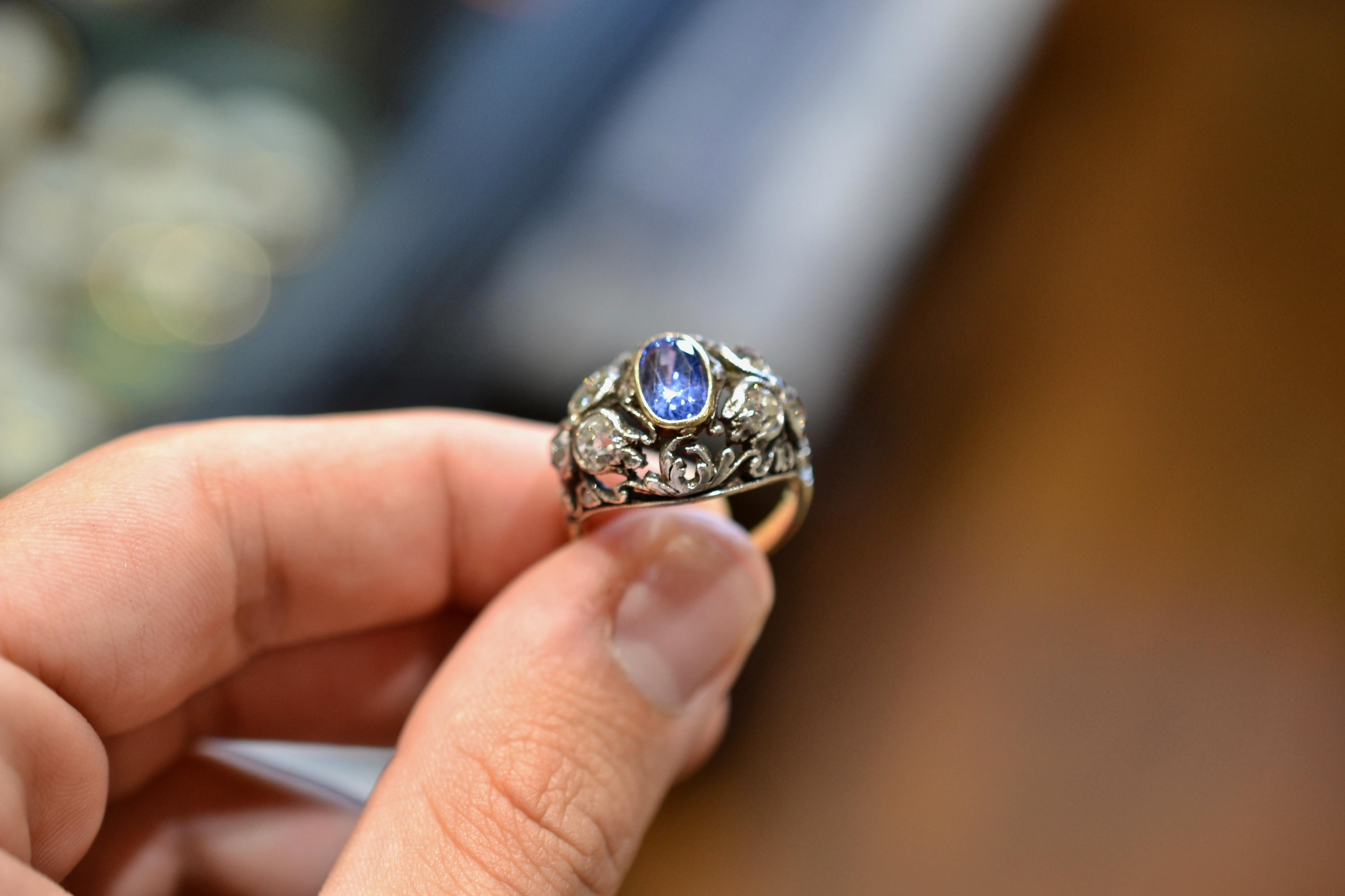 Women's or Men's Buccellati Sapphire and Diamond Ring in Gold and Silver For Sale