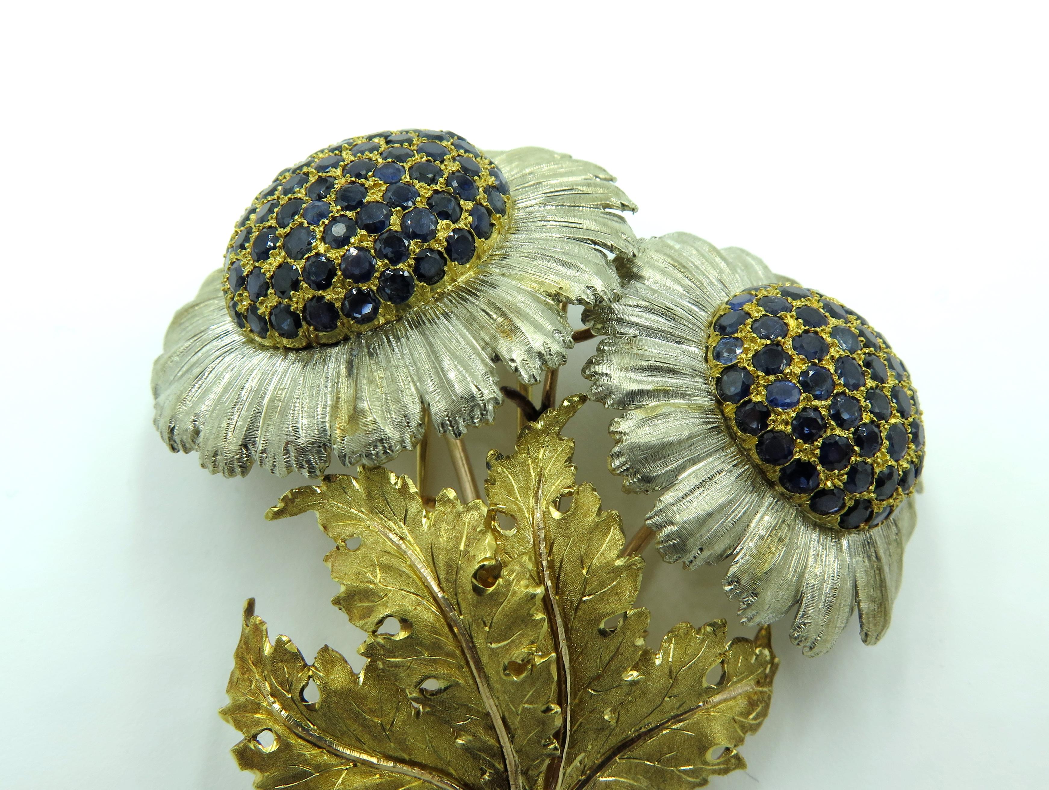 Women's or Men's Buccellati Sapphire and Diamond Flower Brooch