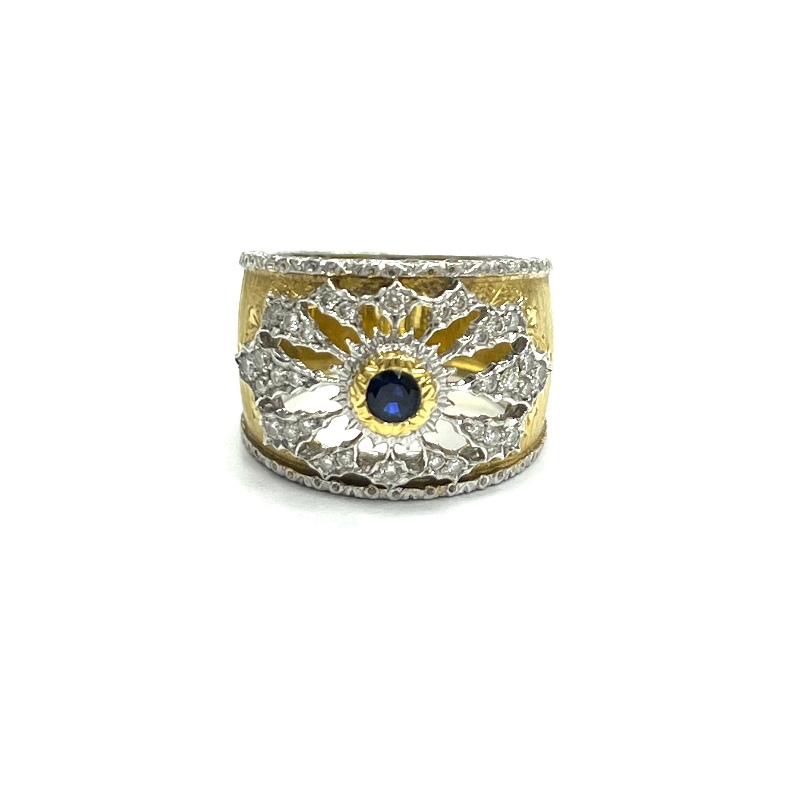 Buccellati sapphire diamond gold ring

Bezel-set round sapphire, round-cut diamonds, 18 karat yellow and white gold; marked M. Buccellati, 750

Size: 6 US; top width 1.5 cm
Total weight: 9.7 grams