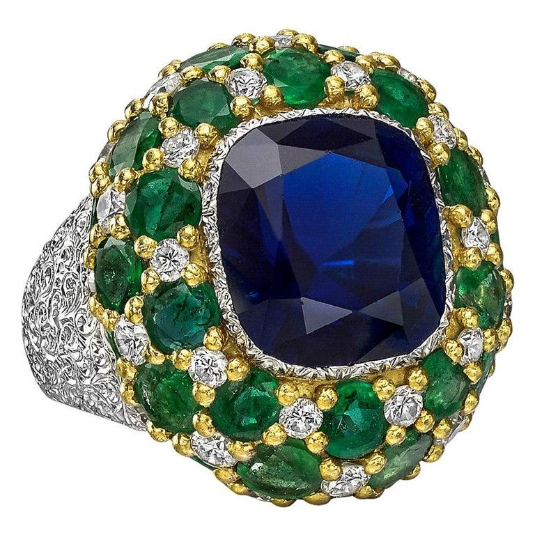Cushion Cut Buccellati Sapphire, Emerald and Diamond Cocktail Ring