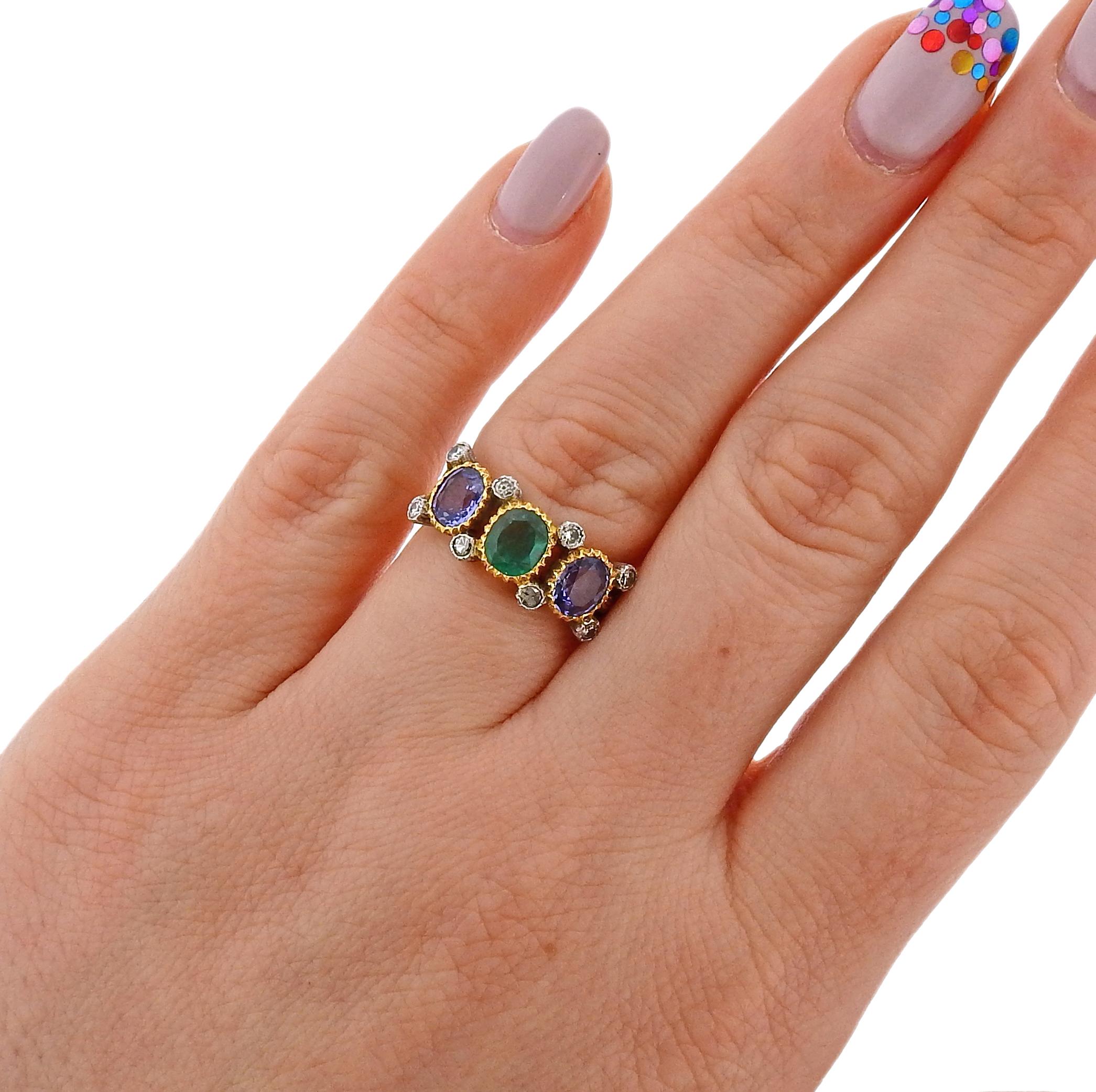 Women's Buccellati Sapphire Emerald Diamond Gold Ring