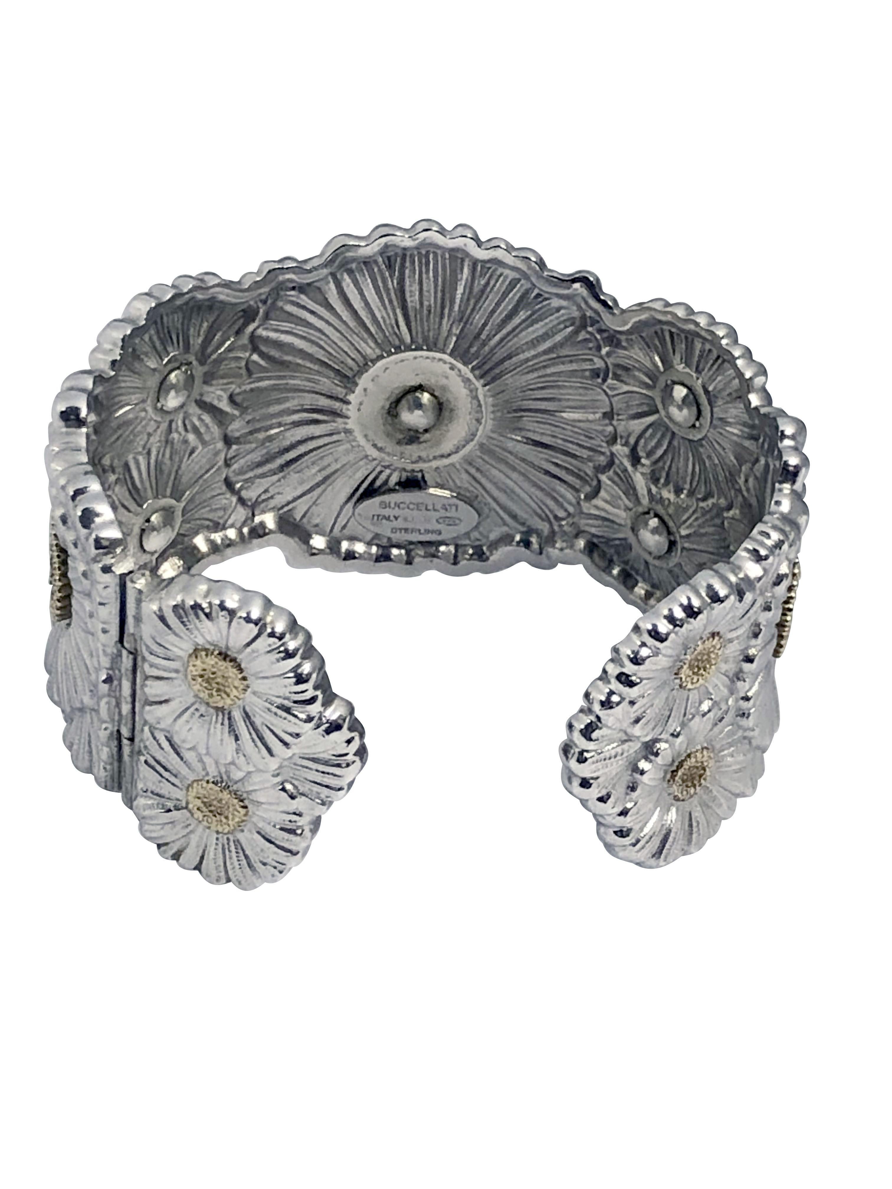 Round Cut Buccellati Silver Gold Accent and Diamond Iconic Daisy Cuff Bracelet For Sale