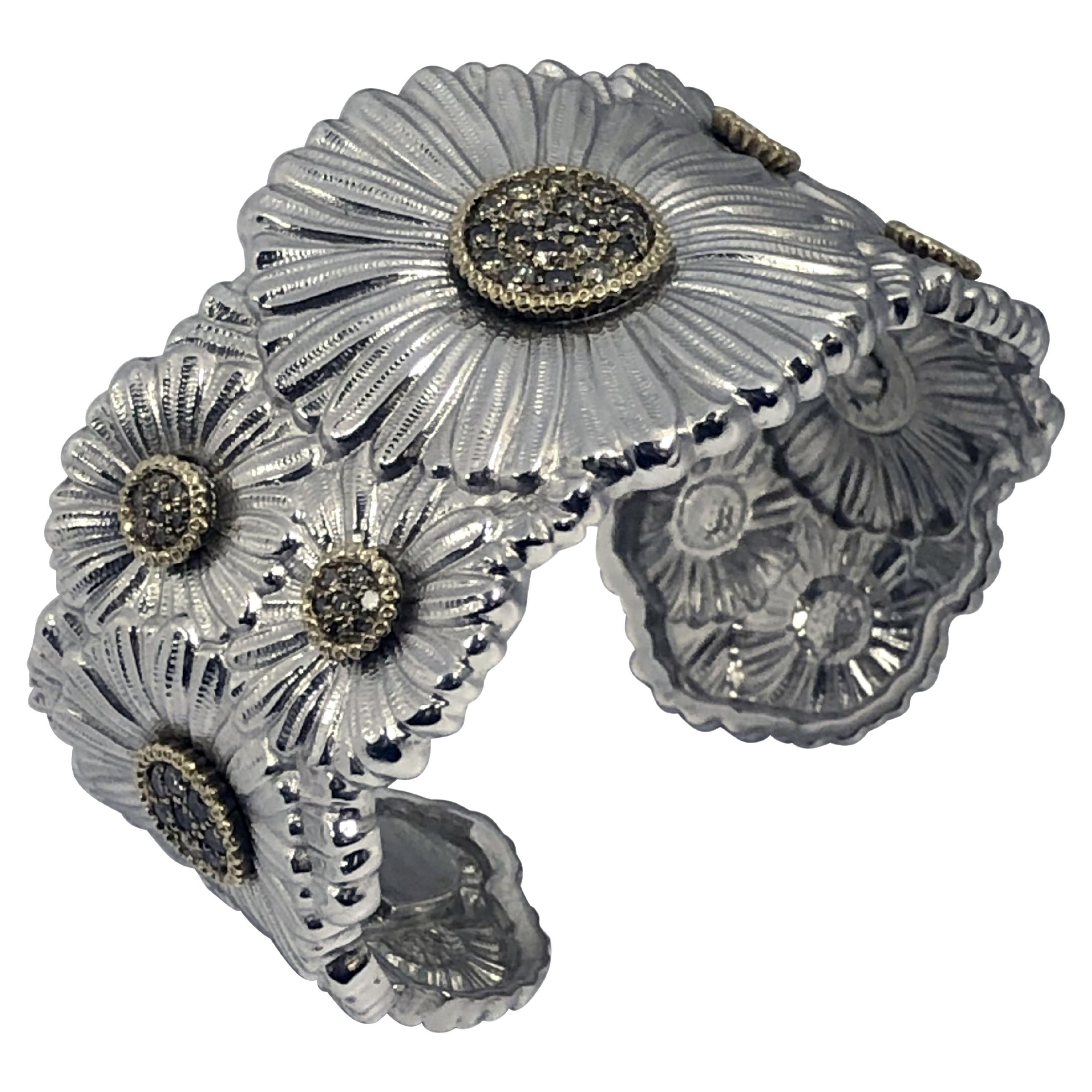Buccellati Silver Gold Accent and Diamond Iconic Daisy Cuff Bracelet