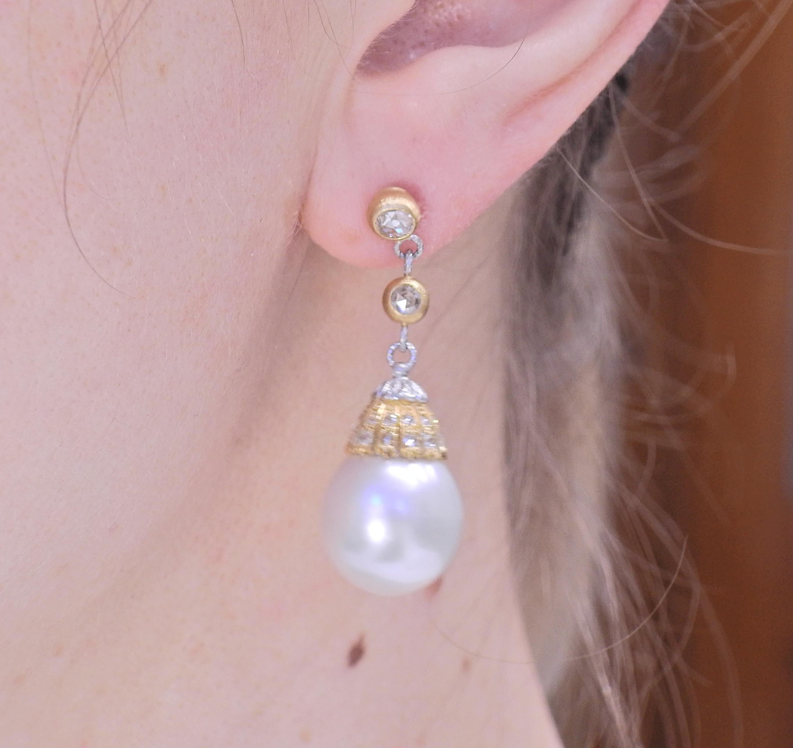 Rose Cut Buccellati South Sea Pearl Diamond Gold Drop Earrings