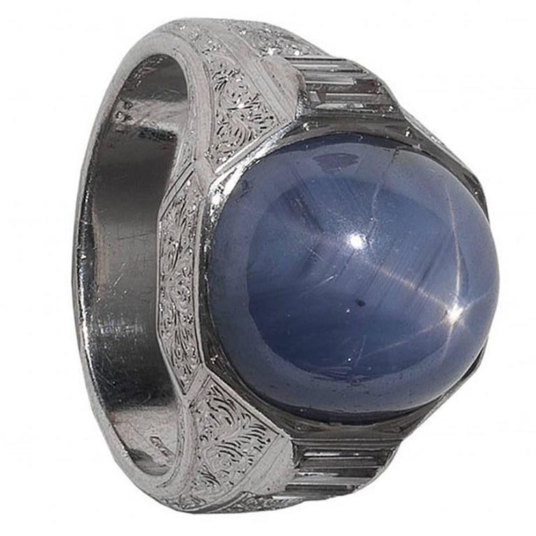 Baguette Cut Buccellati Star Sapphire Diamond Platinum Ring