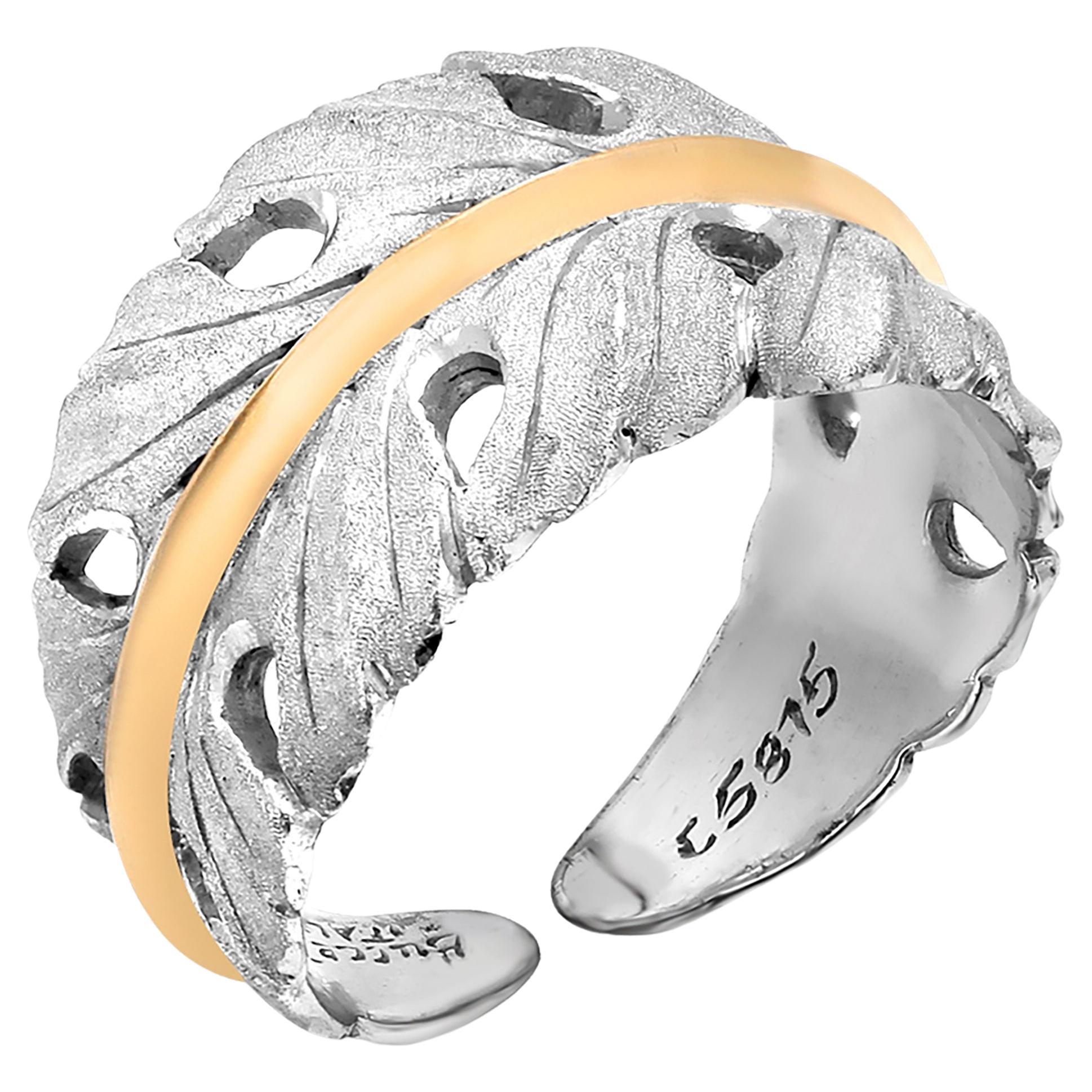 Buccellati Sterling Silver and 18 Karat Yellow Gold Leaf Cuff Vintage Ring