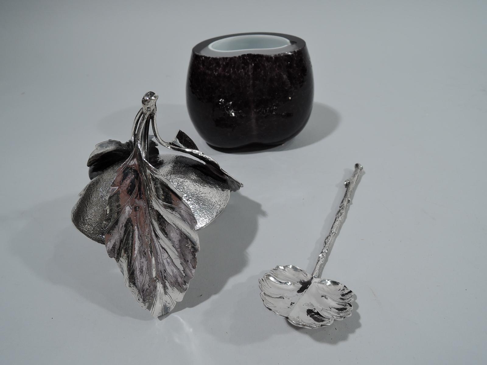 Italian Buccellati Sterling Silver and Murano Glass Plum Jam Jar with Spoon