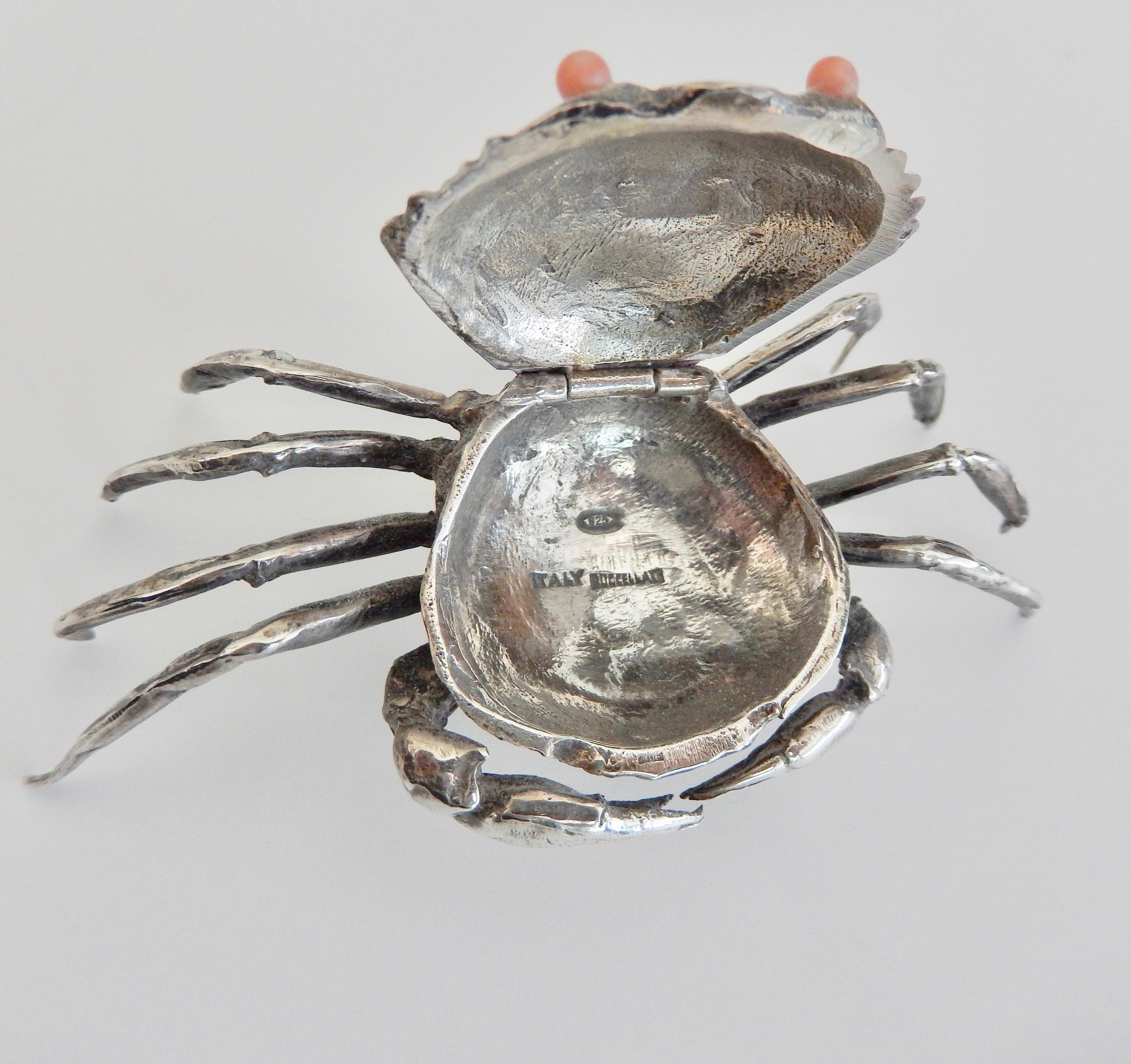Italian Buccellati Sterling Silver Crab Pill Box with Pink Coral Eyes