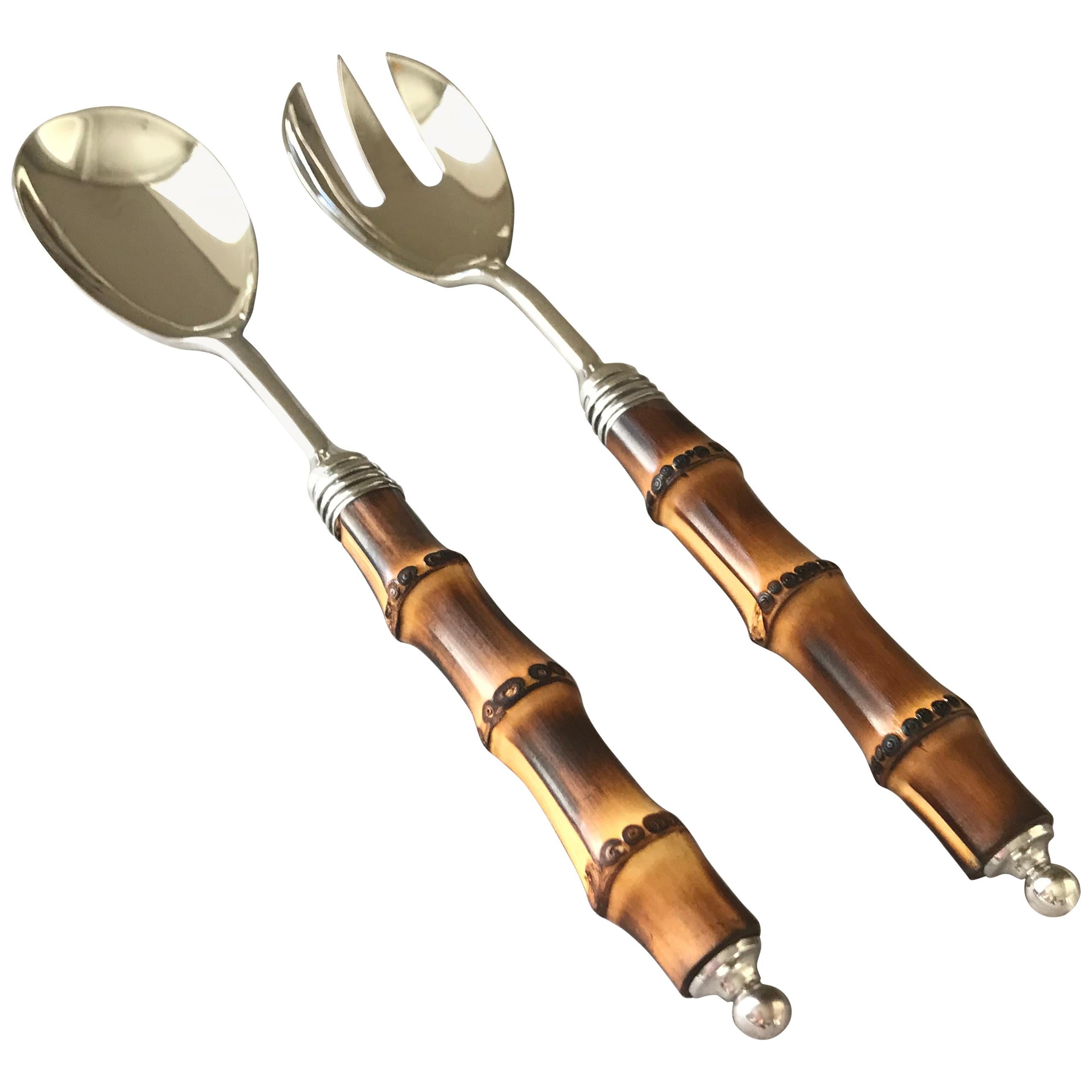 Buccellati Sterling Silver Cutlery Pattern "TAHITI" Serving Spoon and Fork For Sale