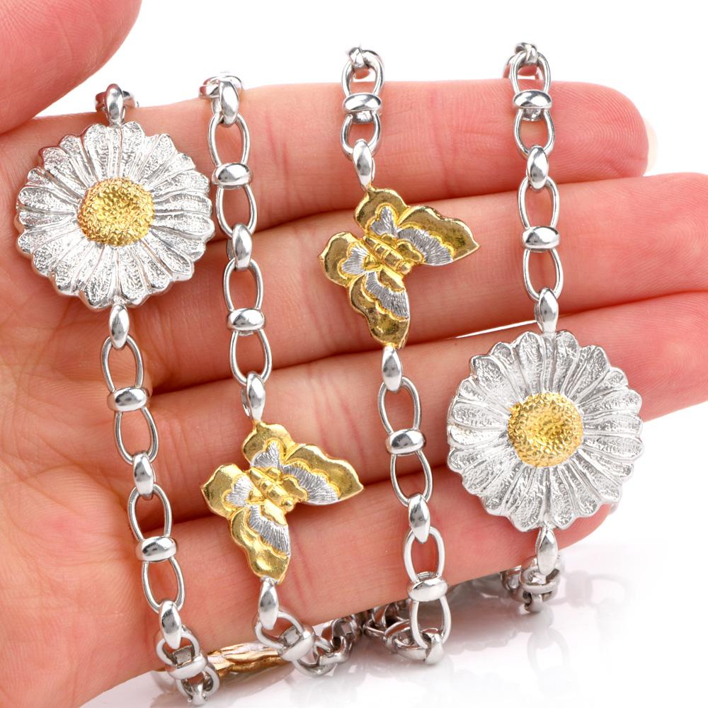 Modern Buccellati Sterling Silver Daisy and Butterfly Long Chain