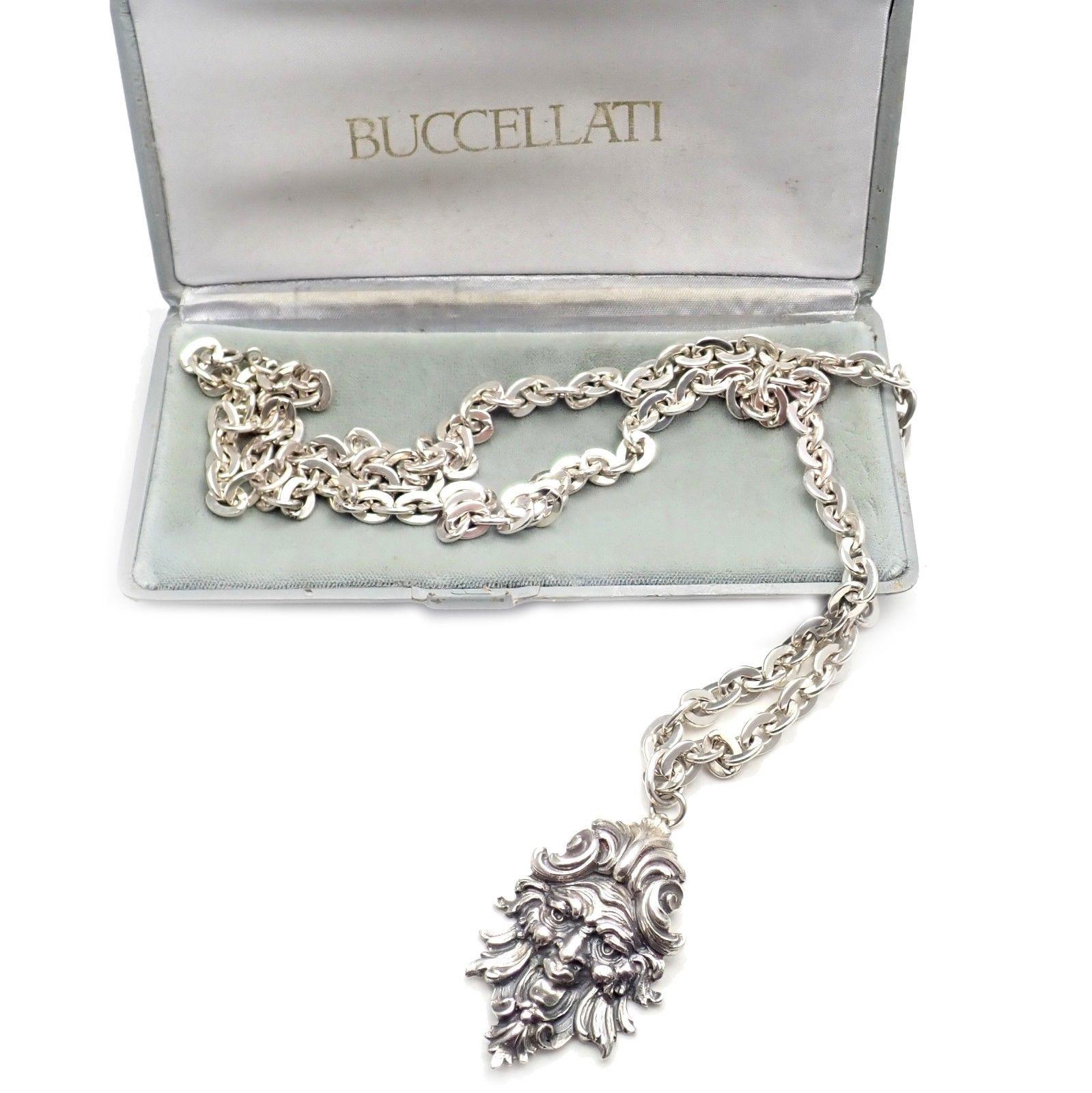 Sterling Silver Poseidon Pendant Long Chain Necklace by Buccellati. 
This necklace comes with Buccellati box.
Details: 
Chain Length: 32