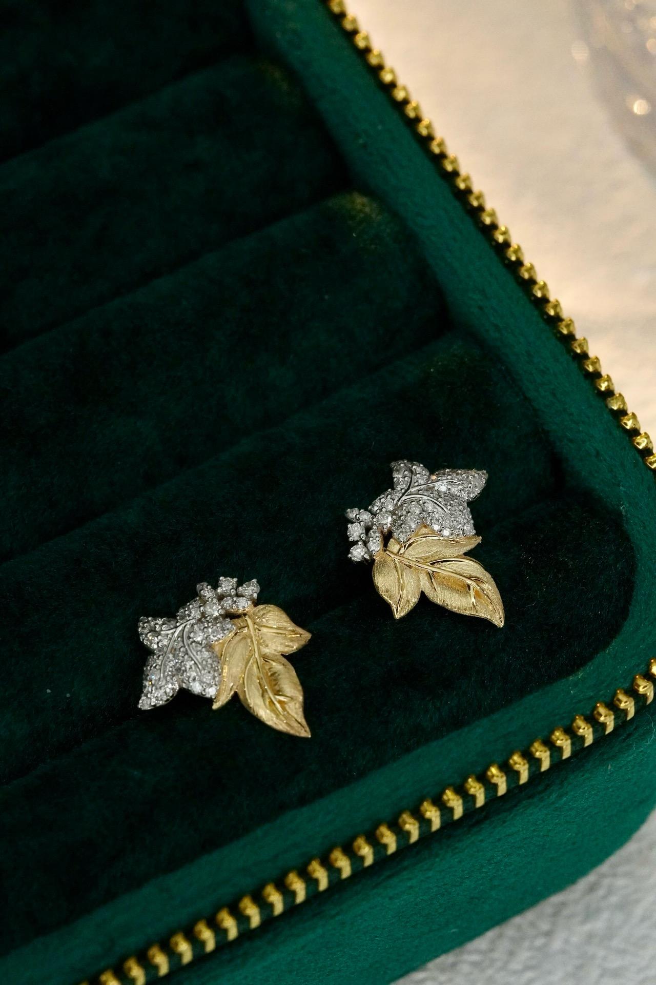Buccellati - Style 18K Gold Zweifarbige Diamantblatt-Ohrringe im Zustand „Neu“ im Angebot in Kowloon, HK