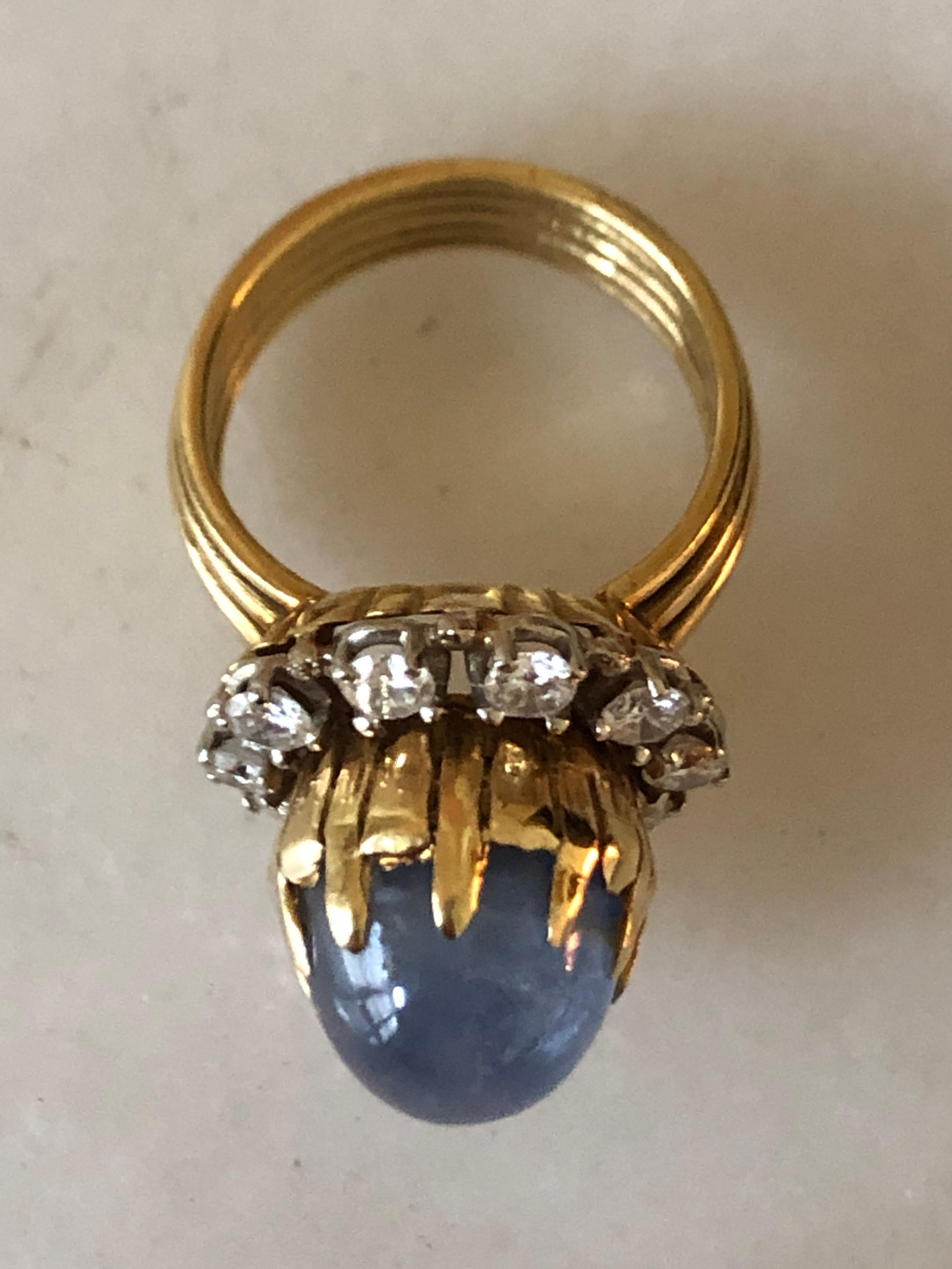 20th Century Buccellati-Style Star Sapphire & Diamond Ring, Made in Italy